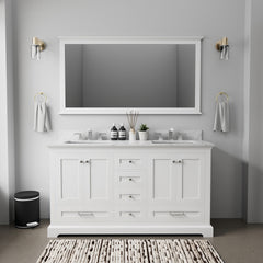 White Double Bath Vanity 60 in. W x 22 in. D, Carrara Marble Top, and 58 in. Mirror