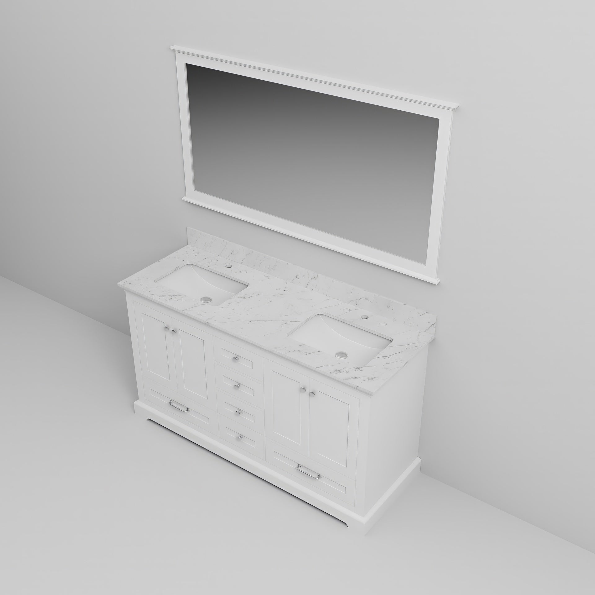 White Double Bath Vanity 60 in. W x 22 in. D, Carrara Marble Top, and 58 in. Mirror