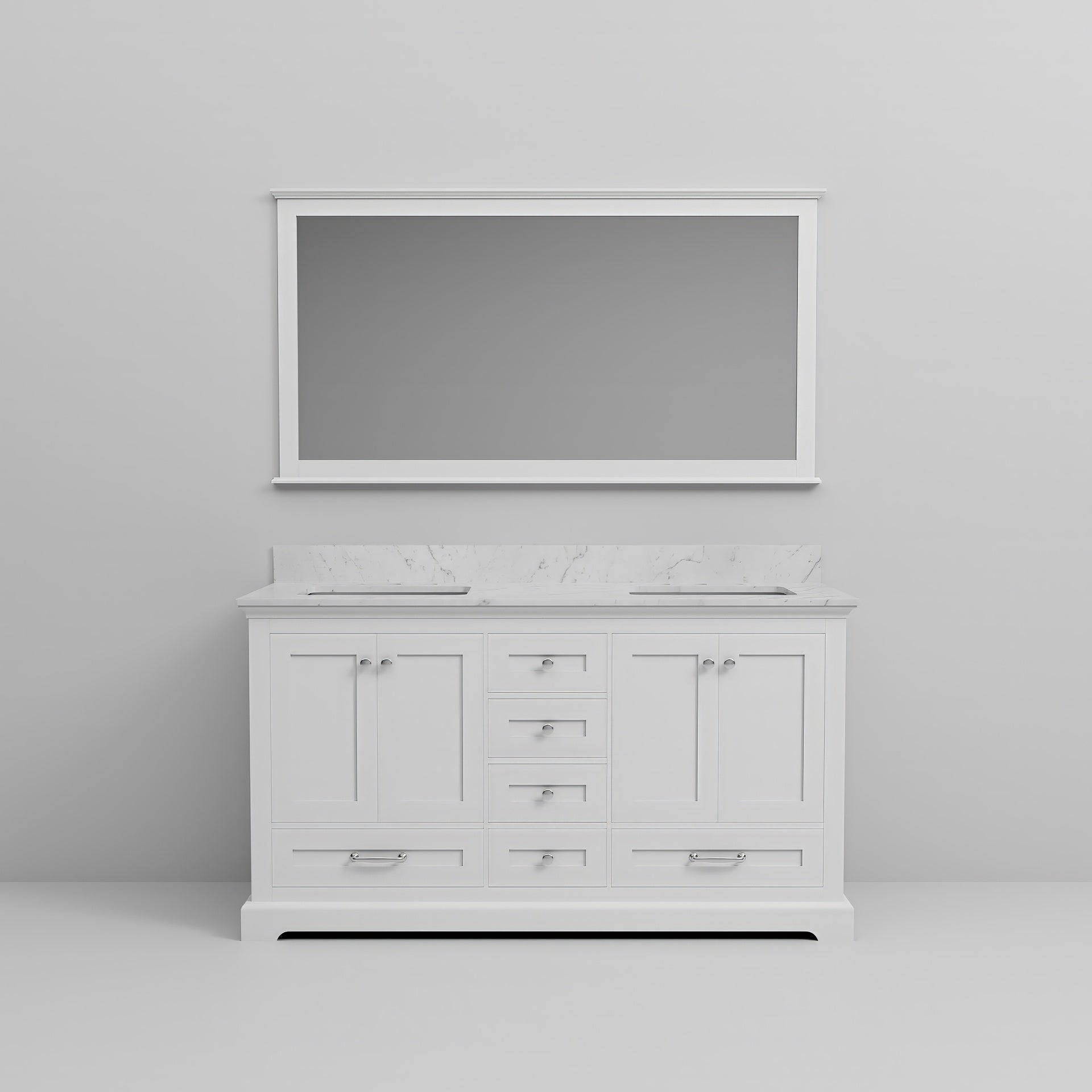 White Double Bath Vanity 60 in. W x 22 in. D, Carrara Marble Top, and 58 in. Mirror