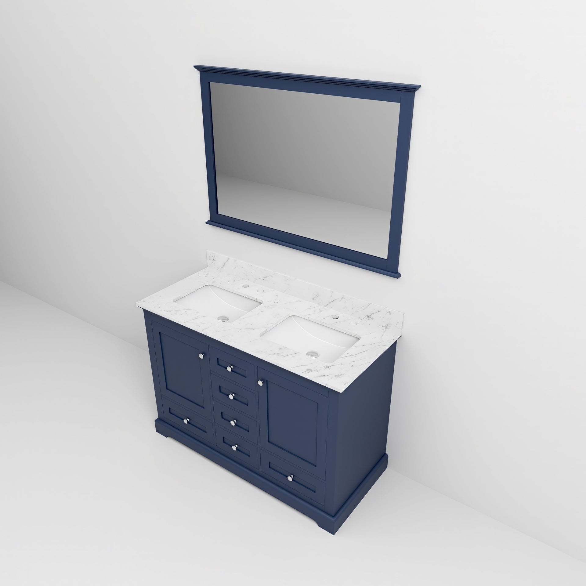 Navy Blue Double Bath Vanity 48 in. W x 22 in. D, Carrara Marble Top, and 46 in. Mirror