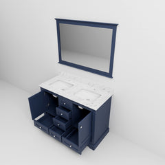 Navy Blue Double Bath Vanity 48 in. W x 22 in. D, Carrara Marble Top, and 46 in. Mirror