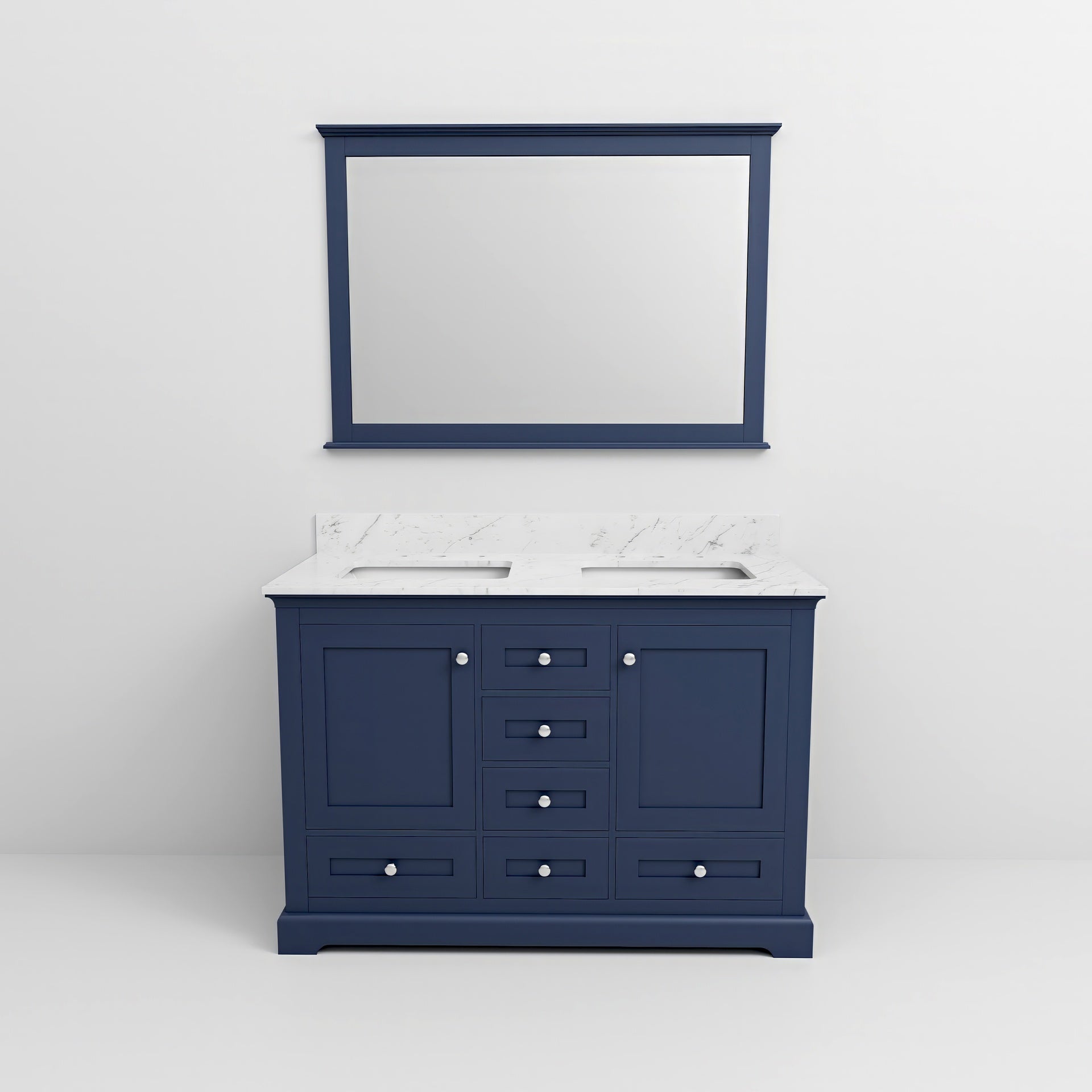 Navy Blue Double Bath Vanity 48 in. W x 22 in. D, Carrara Marble Top, and 46 in. Mirror