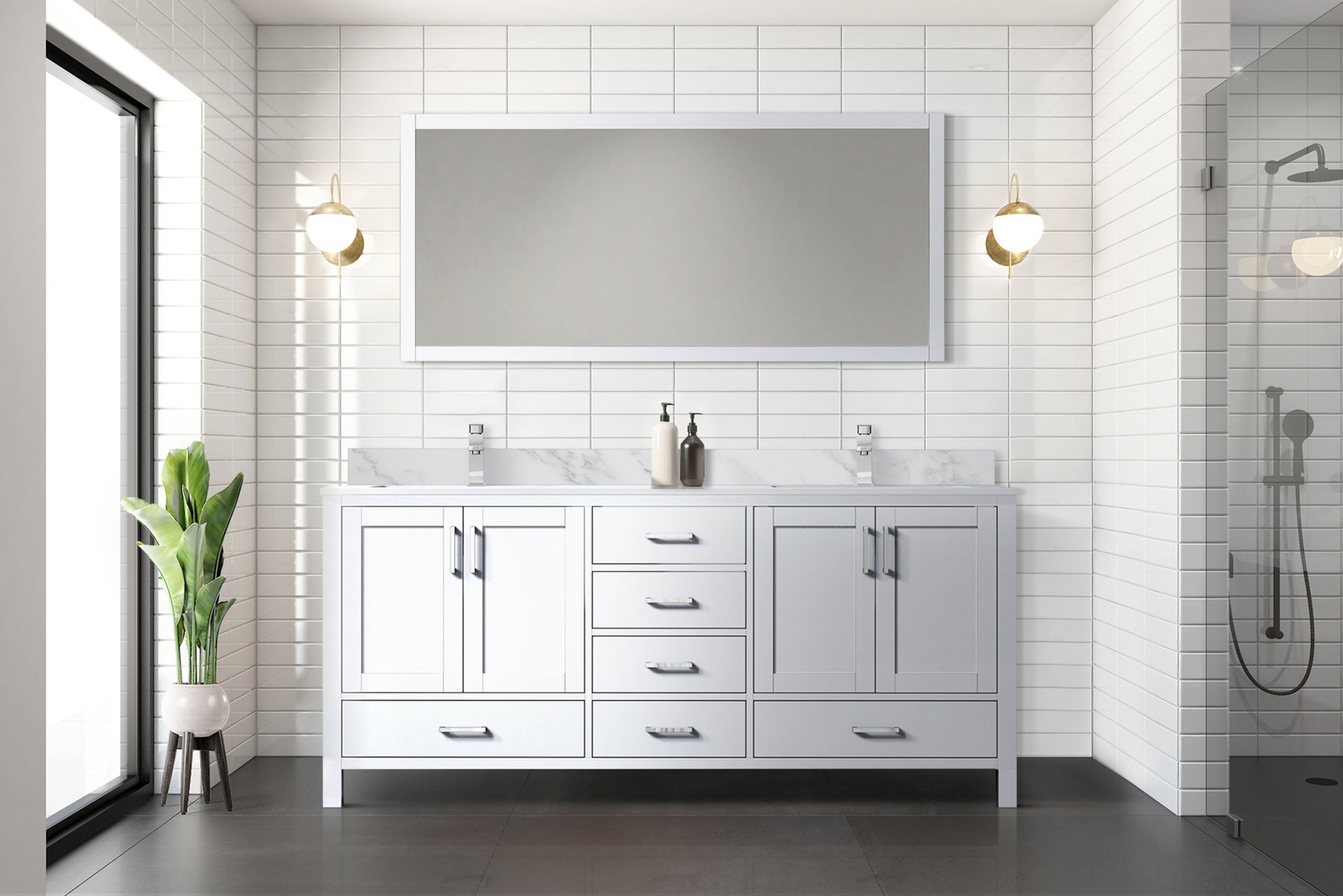 White Double Bath Vanity 72 in. W x 22 in. D, and 28 in. Mirror