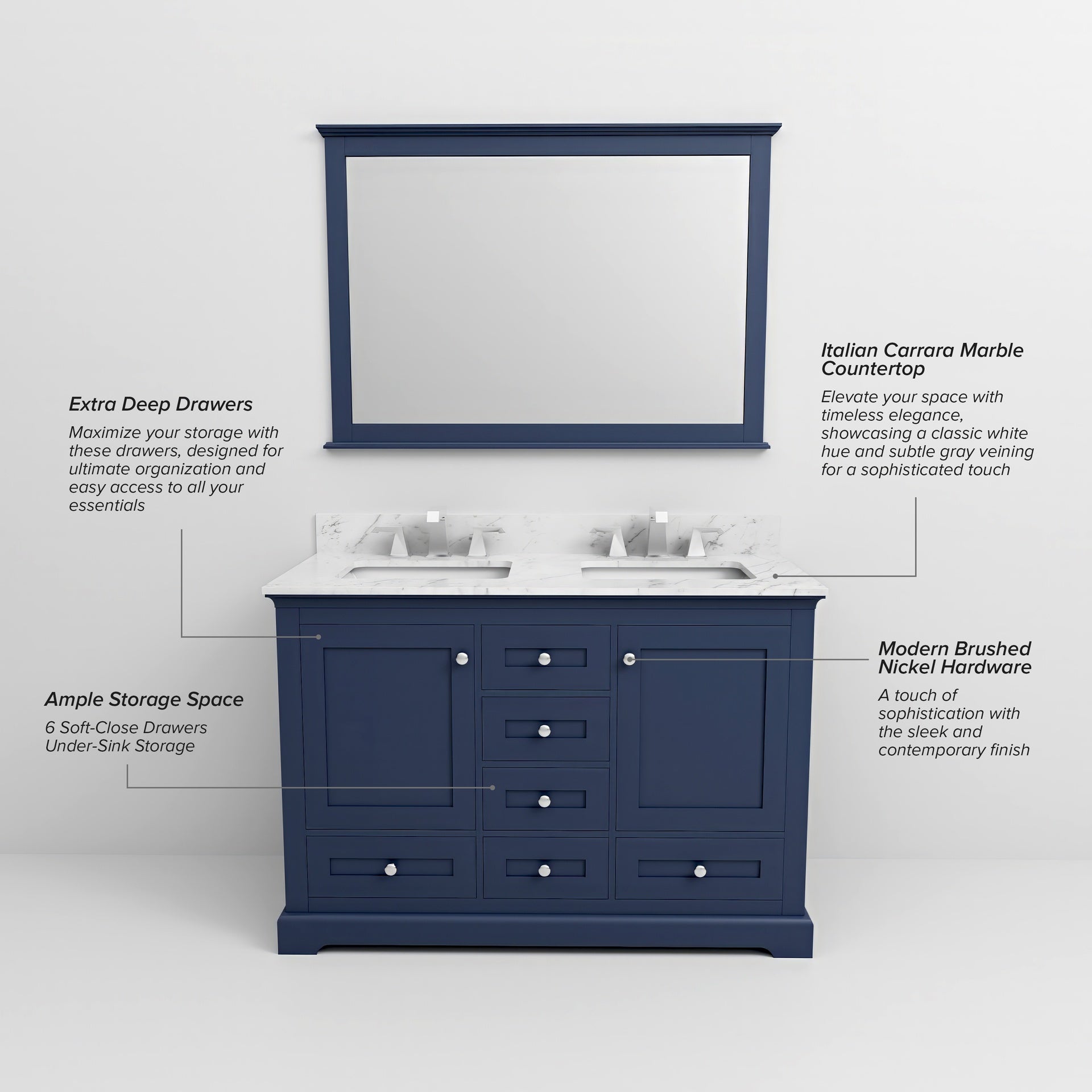 Navy Blue Double Bath Vanity 48 in. W x 22 in. D, and 46 in. Mirror