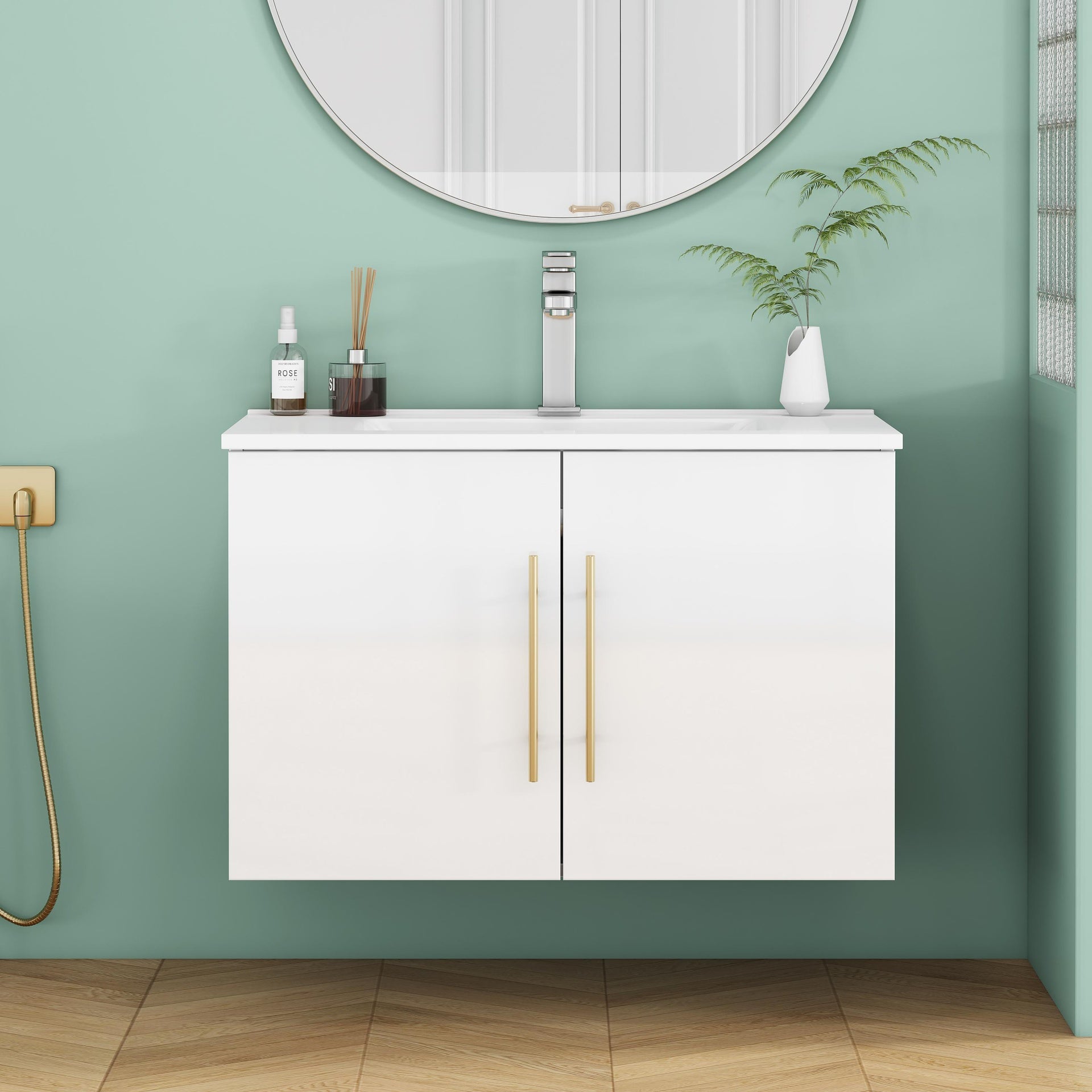 30-Inch White Gloss Wall-Mounted Bathroom Vanity with Sink Combo,Double Doors, Soft-Close Hangers,Long Gold Metal Handle,Easy Installation,Ceramic Basin,Glossy White