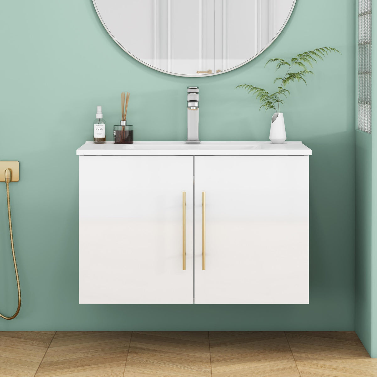 30-Inch White Gloss Wall-Mounted Bathroom Vanity with Sink Combo,Double Doors, Soft-Close Hangers,Long Gold Metal Handle,Easy Installation,Ceramic Basin,Glossy White