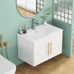 30-Inch White Gloss Wall-Mounted Bathroom Vanity with Sink Combo,Double Doors, Soft-Close Hangers,Long Gold Metal Handle,Easy Installation,Ceramic Basin,Glossy White