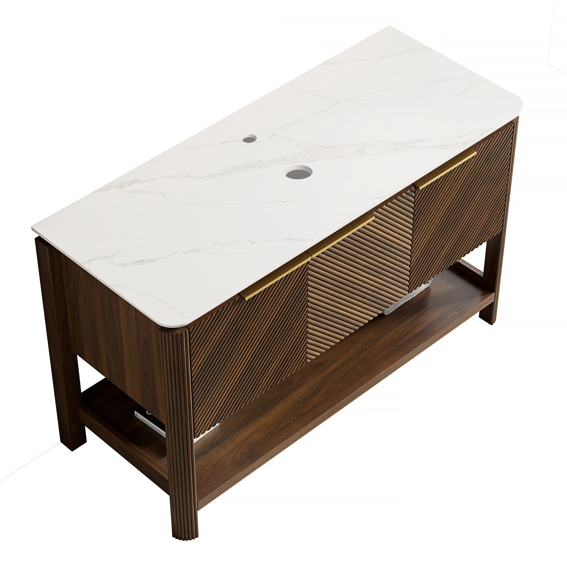 INDIGO 48'' Freestanding Cabinet with 3 Doors&Open Shelf, Carrara White Sintered Stone Top, NO Basin, NO Faucet and Drain, Dark Walnut Woodgrain
