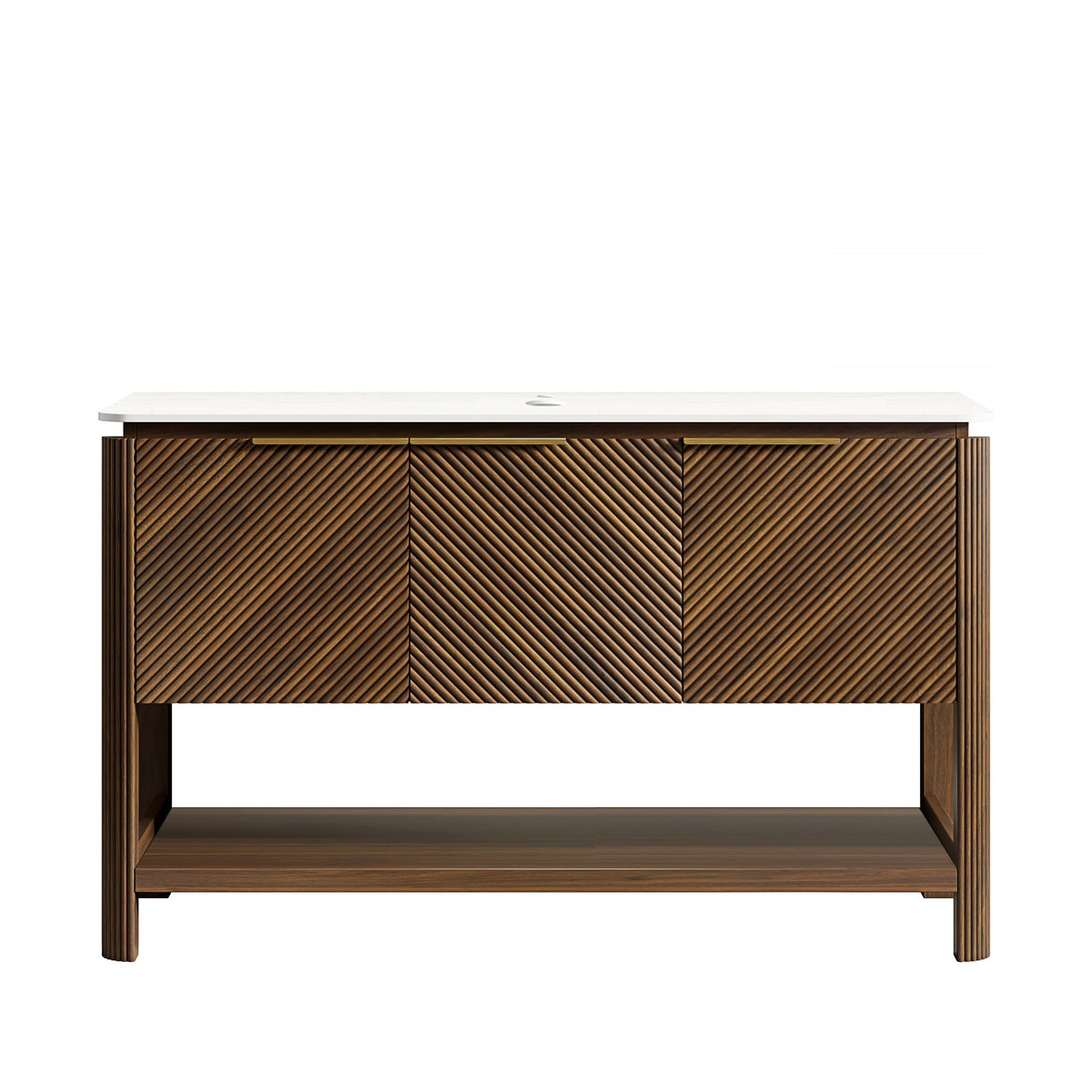 INDIGO 48'' Freestanding Cabinet with 3 Doors&Open Shelf, Carrara White Sintered Stone Top, NO Basin, NO Faucet and Drain, Dark Walnut Woodgrain