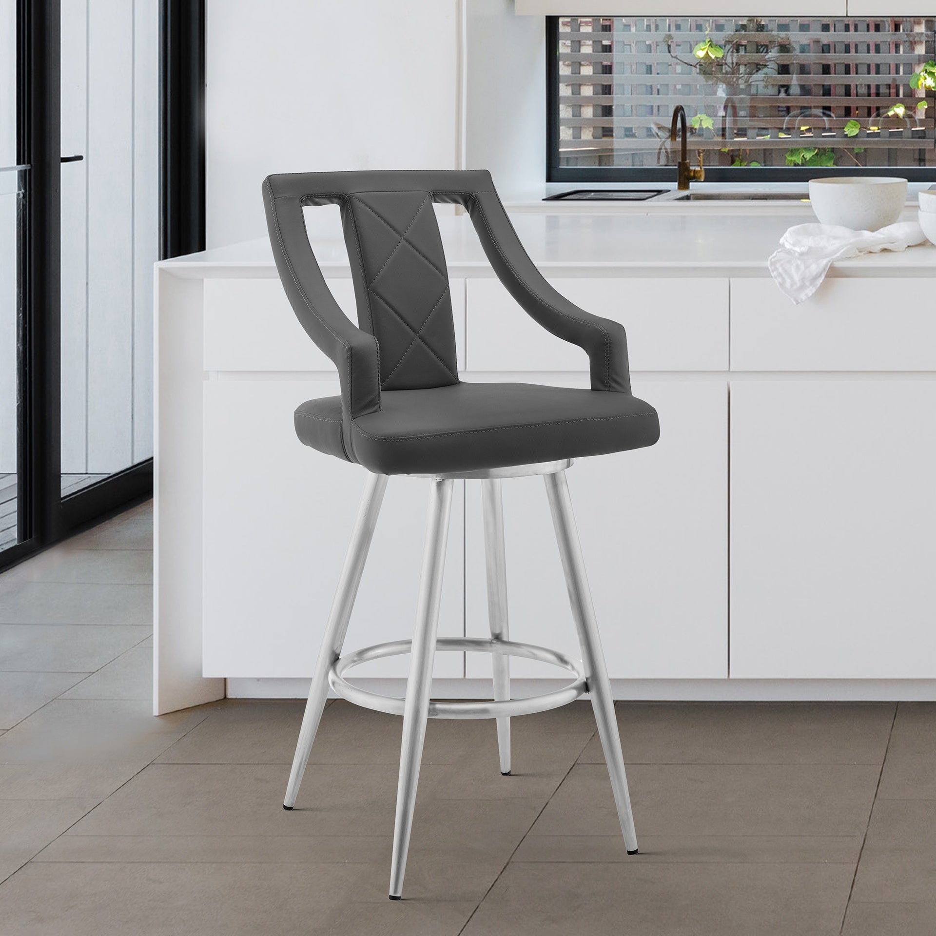 Norcia 26" Gray Faux Leather and Brushed Stainless Steel Swivel Bar Stool