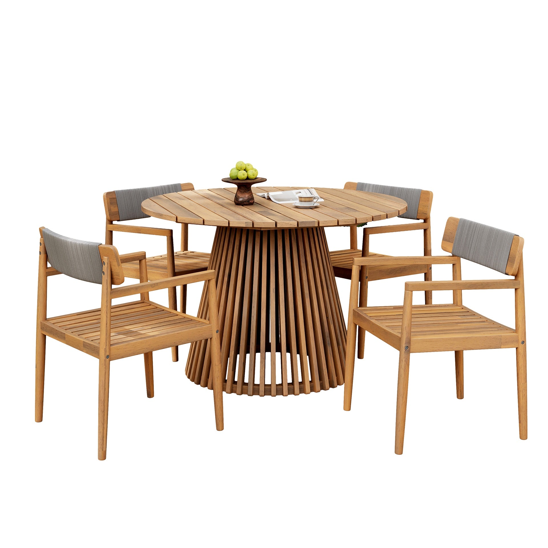 Patio Set Outdoor Acacia Wood Furniture Sets- Braided Dining Chairs Leisure Sets with Patio Dining Table for Garden, Patio & Deck (Teak Look & Grey Rope)