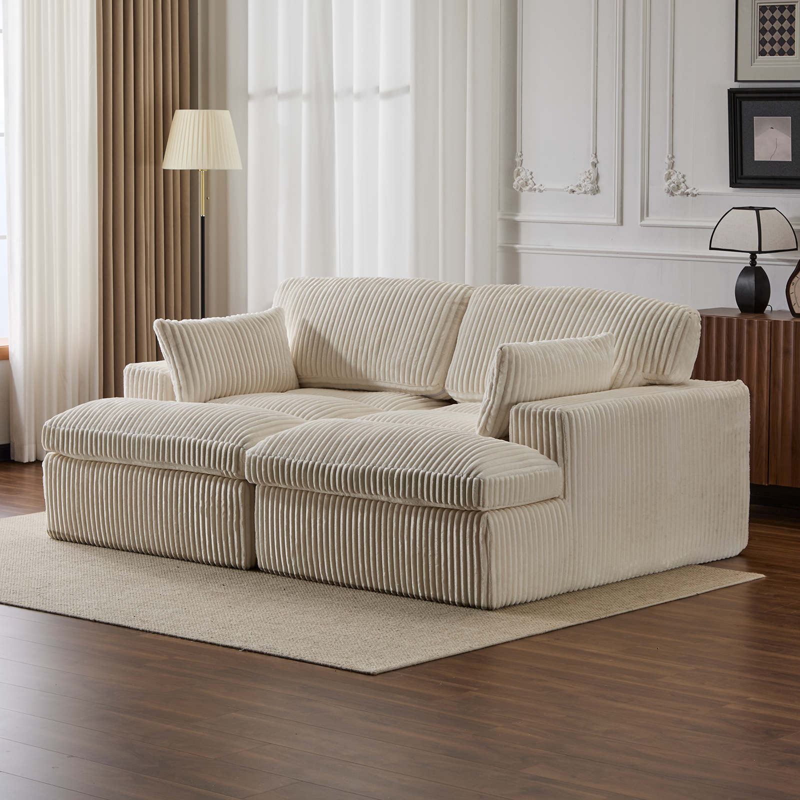 Double Chaise Lounge Chair Indoor,Oversized Upholstered Sleeper Cloud Couch,Deep Seat Luxury Sofa Bed,Sectional Sofa Chaise Love-seat,Corduroy Reading Chair for Living Room,No Assembly Required,White
