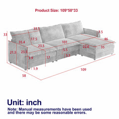 Corduroy Fabric 3-Seater Comfy Cloud Couch with Movable Footrest for Living Room,Oversized Deep Seat L Shaped Couch Set, Upholstered Large Size Deep Seat L Shaped sofa with 3 cushions