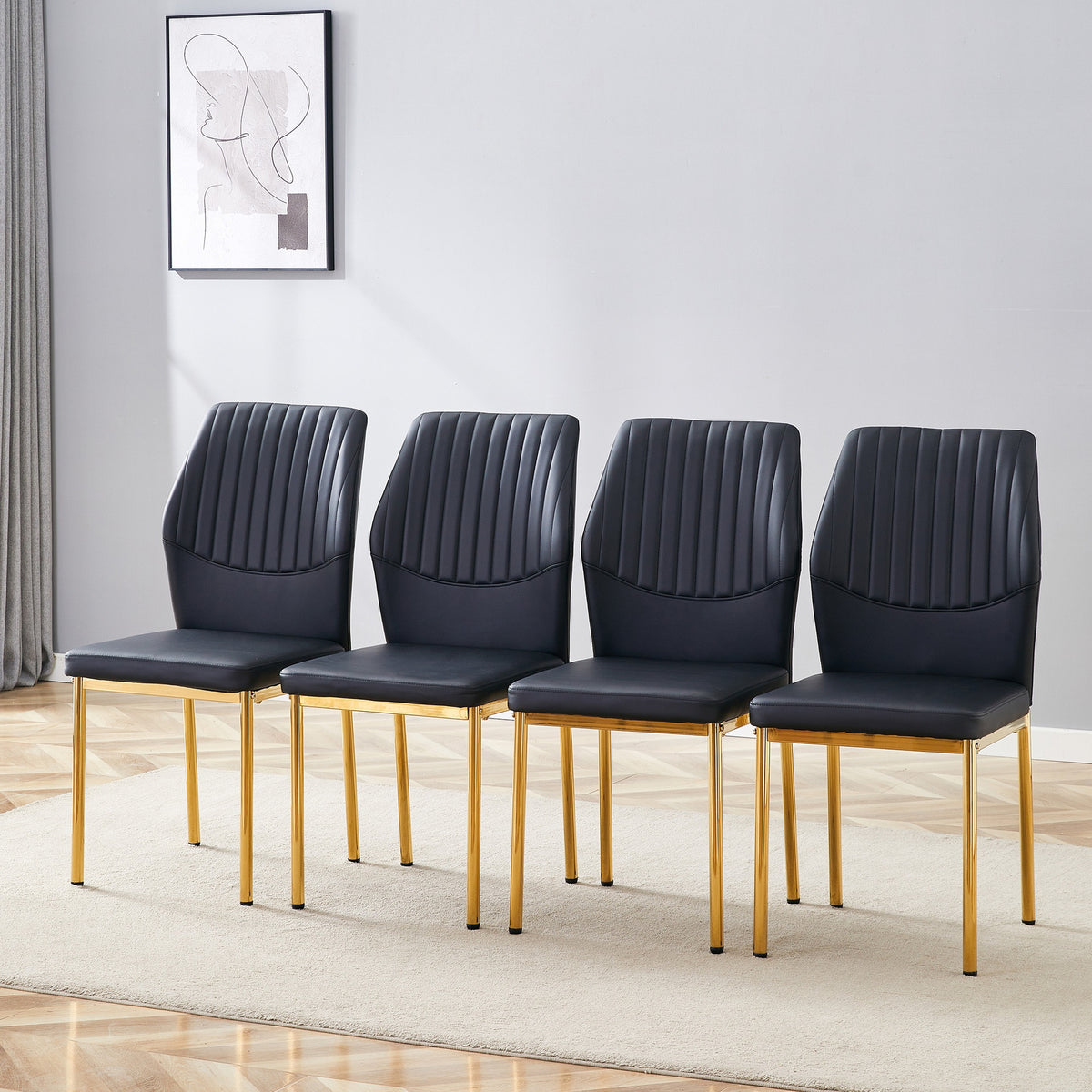 4-piece set of black gold light luxury PU dining chairs: ergonomic backrest, 36.7 inches high, suitable for multiple scenarios.Set of 4 BLACK PU Material High Resilience Dining Chairs.