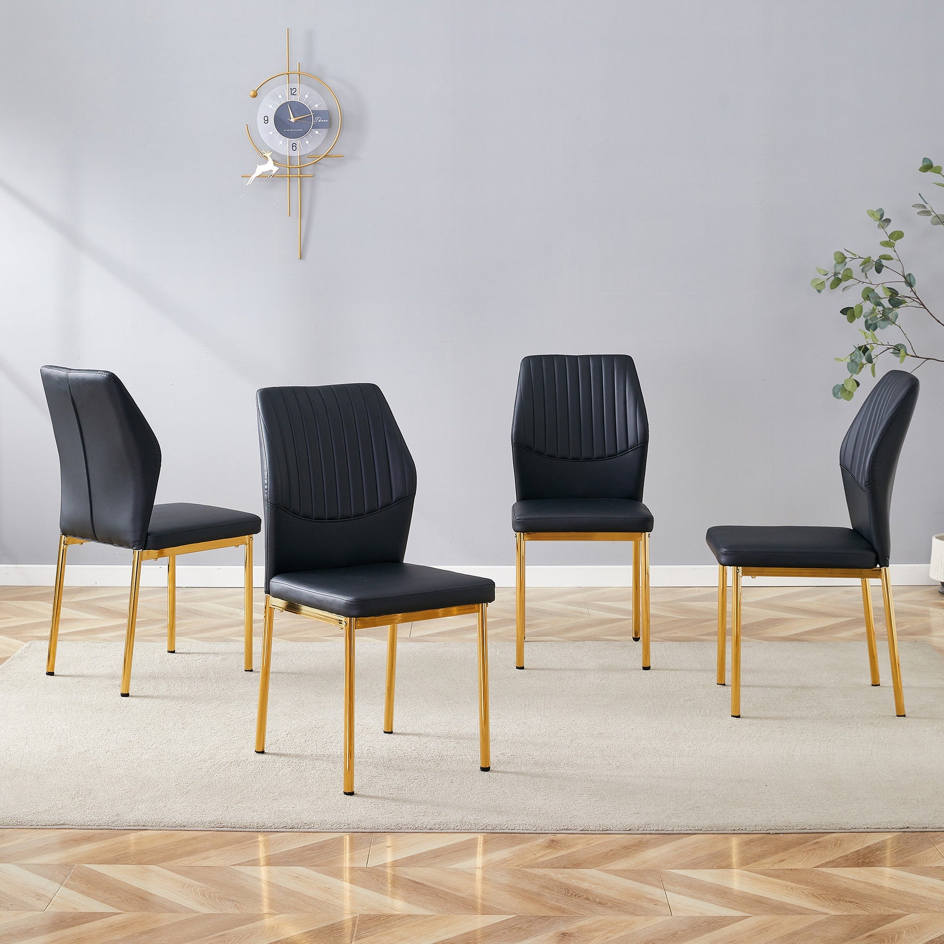 4-piece set of black gold light luxury PU dining chairs: ergonomic backrest, 36.7 inches high, suitable for multiple scenarios.Set of 4 BLACK PU Material High Resilience Dining Chairs.