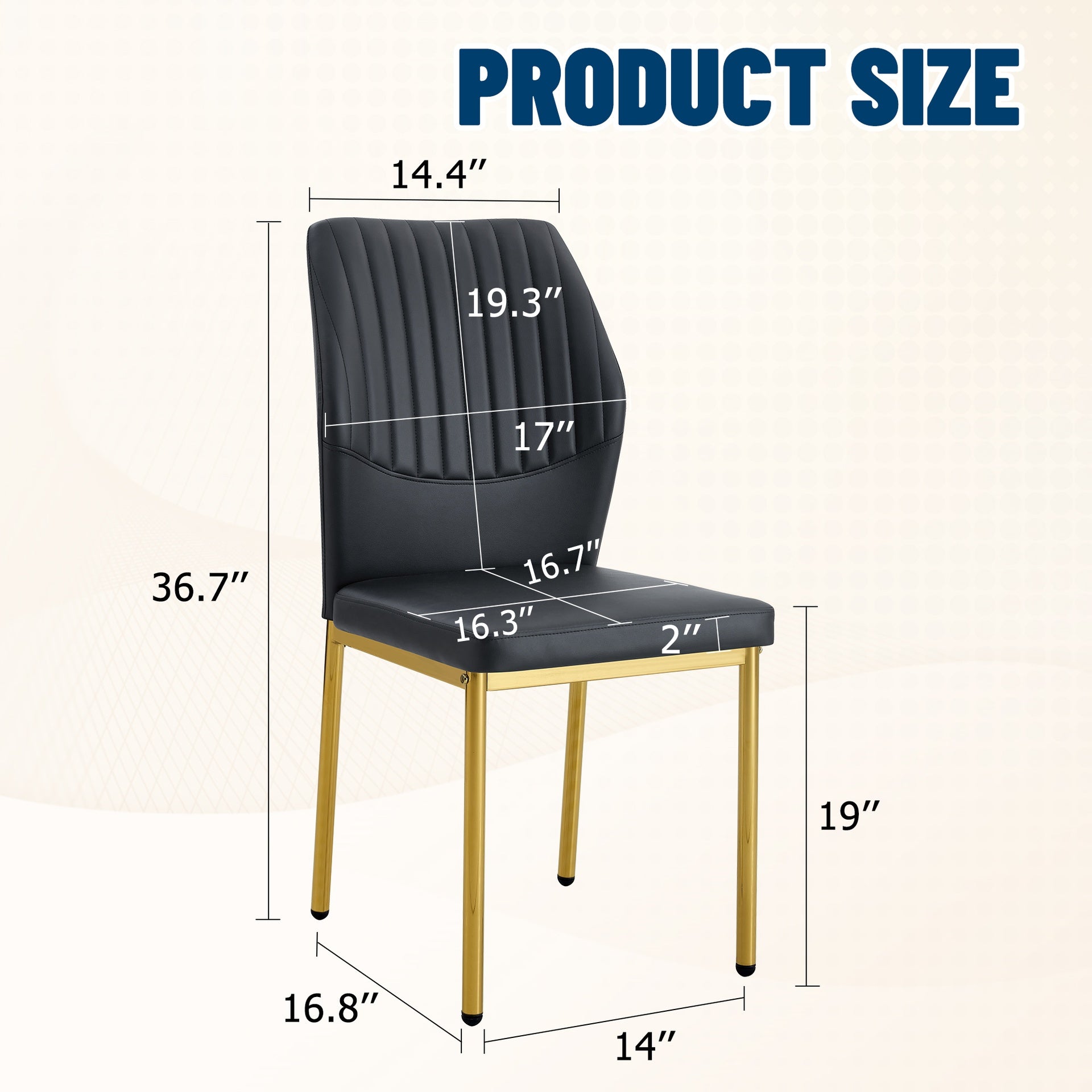 4-piece set of black gold light luxury PU dining chairs: ergonomic backrest, 36.7 inches high, suitable for multiple scenarios.Set of 4 BLACK PU Material High Resilience Dining Chairs.