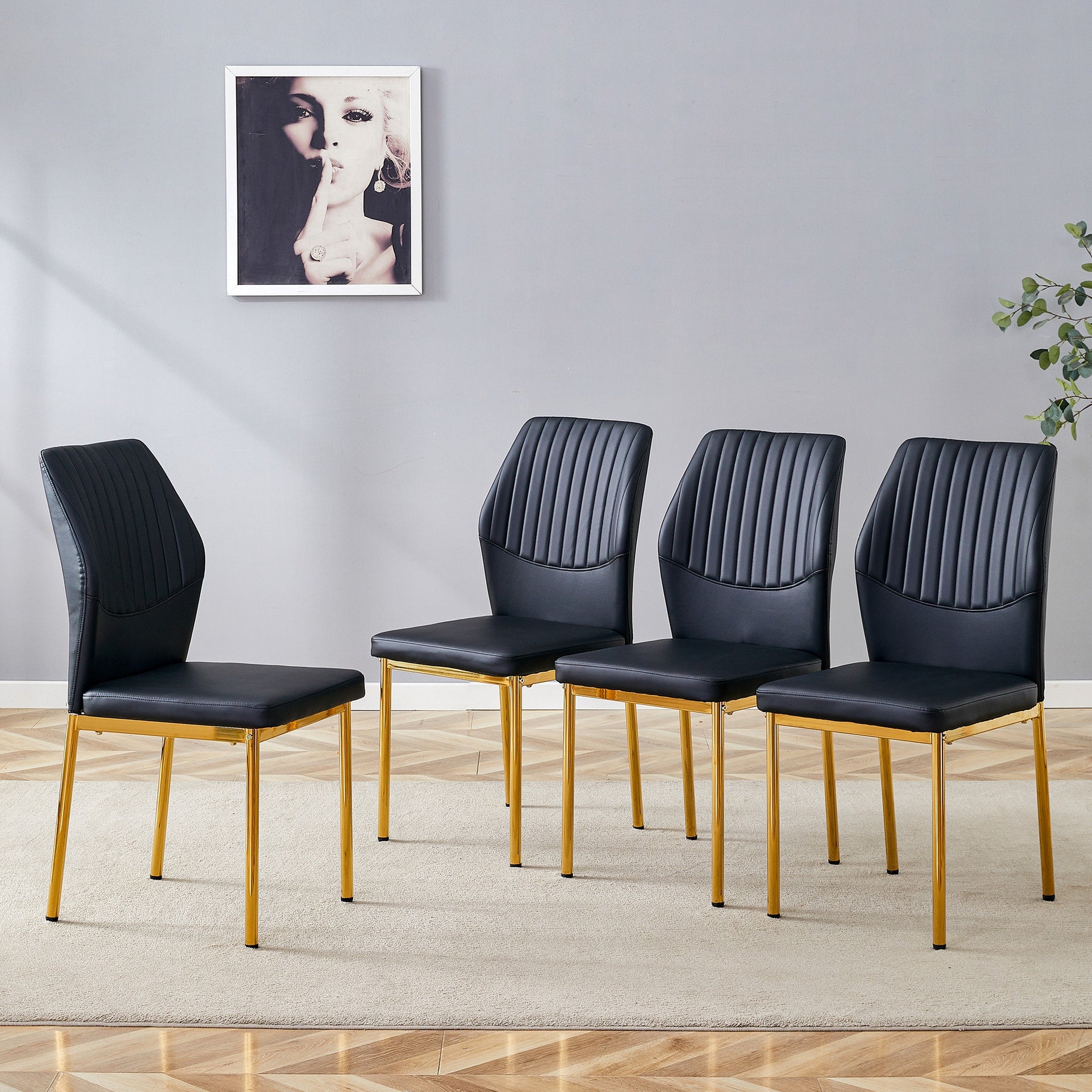 4-piece set of black gold light luxury PU dining chairs: ergonomic backrest, 36.7 inches high, suitable for multiple scenarios.Set of 4 BLACK PU Material High Resilience Dining Chairs.