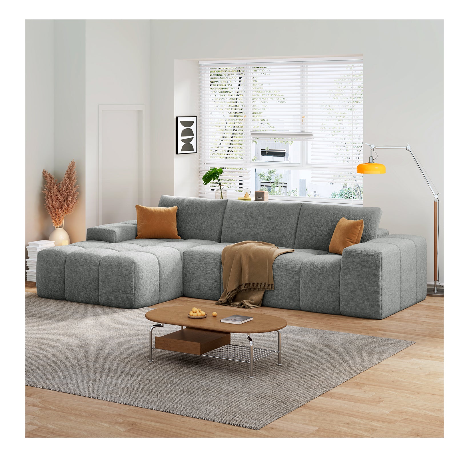 L-shaped modular combination sofa, no assembly required, deep seat sofa with 3 cushions, soft fabric upholstery, suitable for modern lounge chairs in living rooms and bedrooms