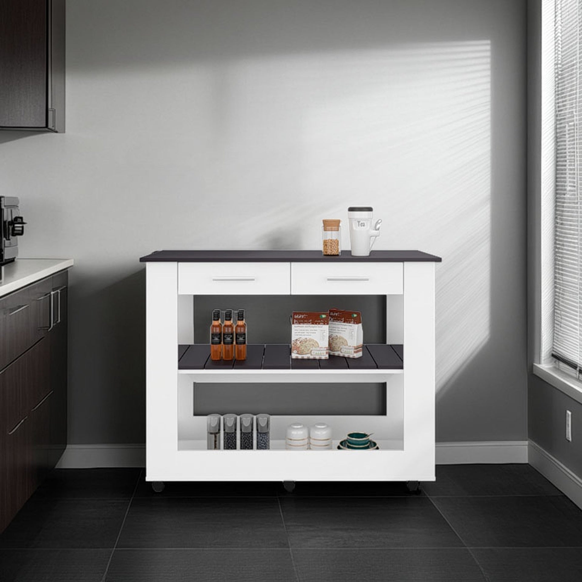 Kitchen island  with Open Storage and 3 Shelves, White