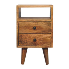 Solid Wood Mini Oak-ish Classic Nightstand, 2-Drawers, 1 Open Slot, Nordic Legs, Light Brown