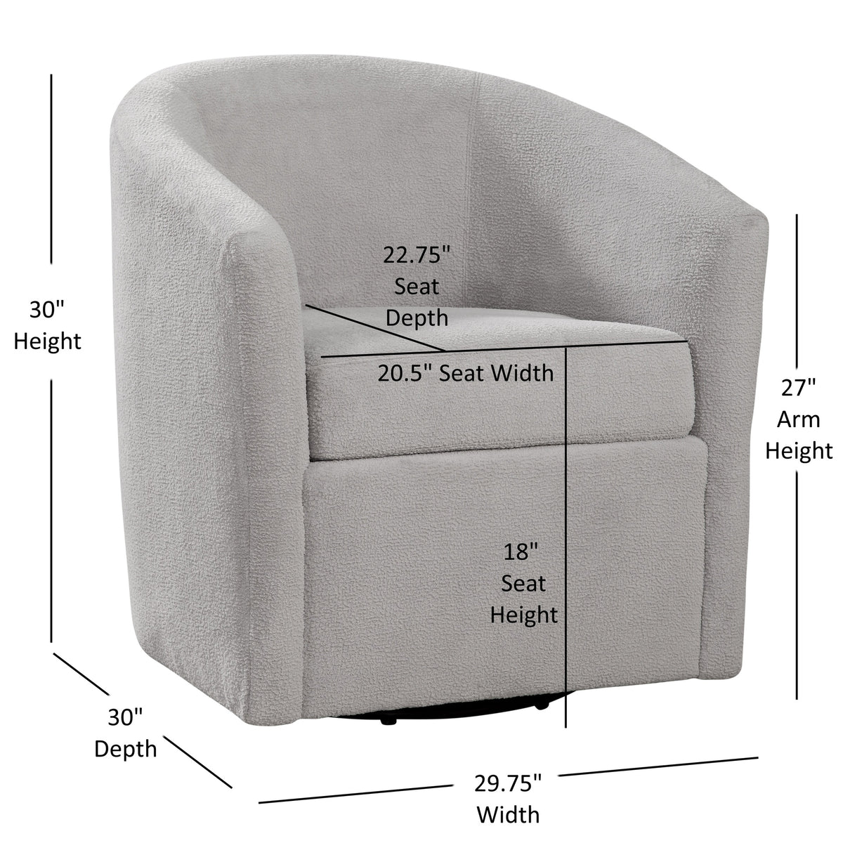 Oaklynn Barrel Style Swivel Accent chair in Light Gray Performance Fabric