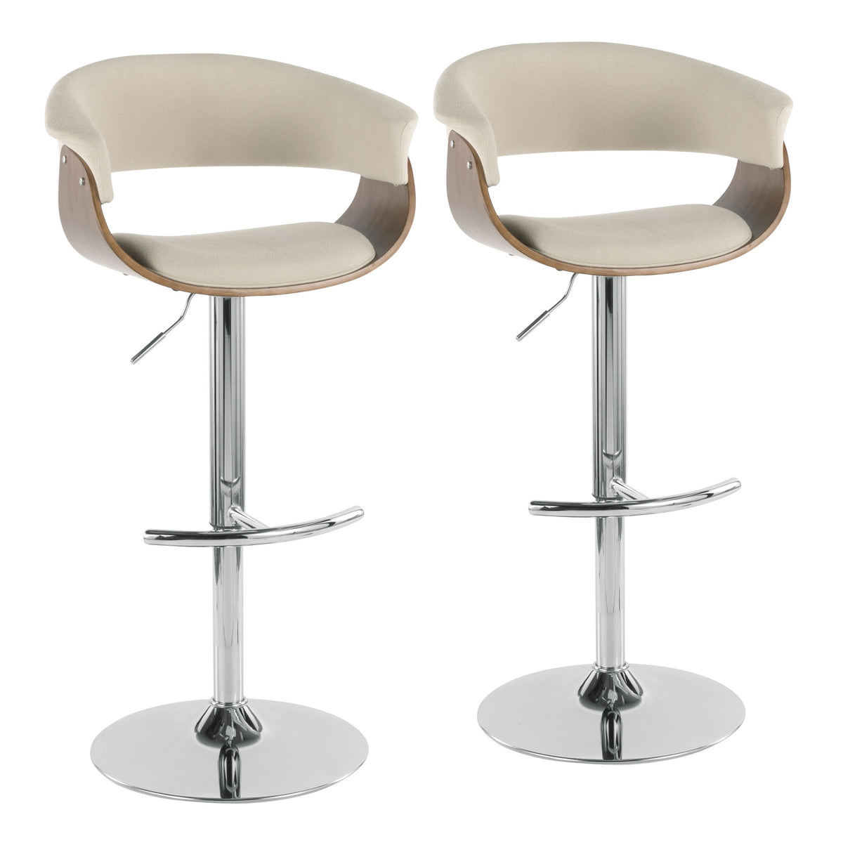 Vintage Mod Mid-Century Modern Adjustable Barstool with Swivel in Walnut and Cream Fabric by LumiSource - Set of 2