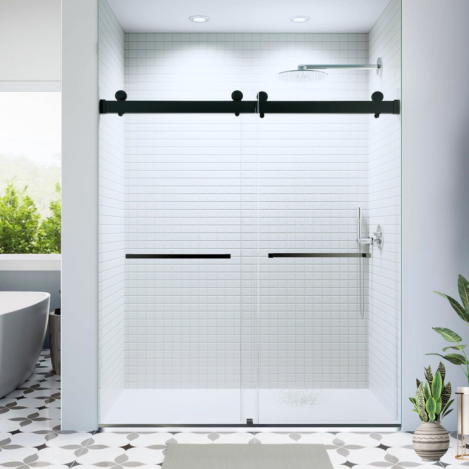 56-60*76 INCH Double Sliding Frameless Soft-Close Shower Door with Premium  (8mm)Thick Tampered Glass and Easy-Cleaning Coating In Matte Black