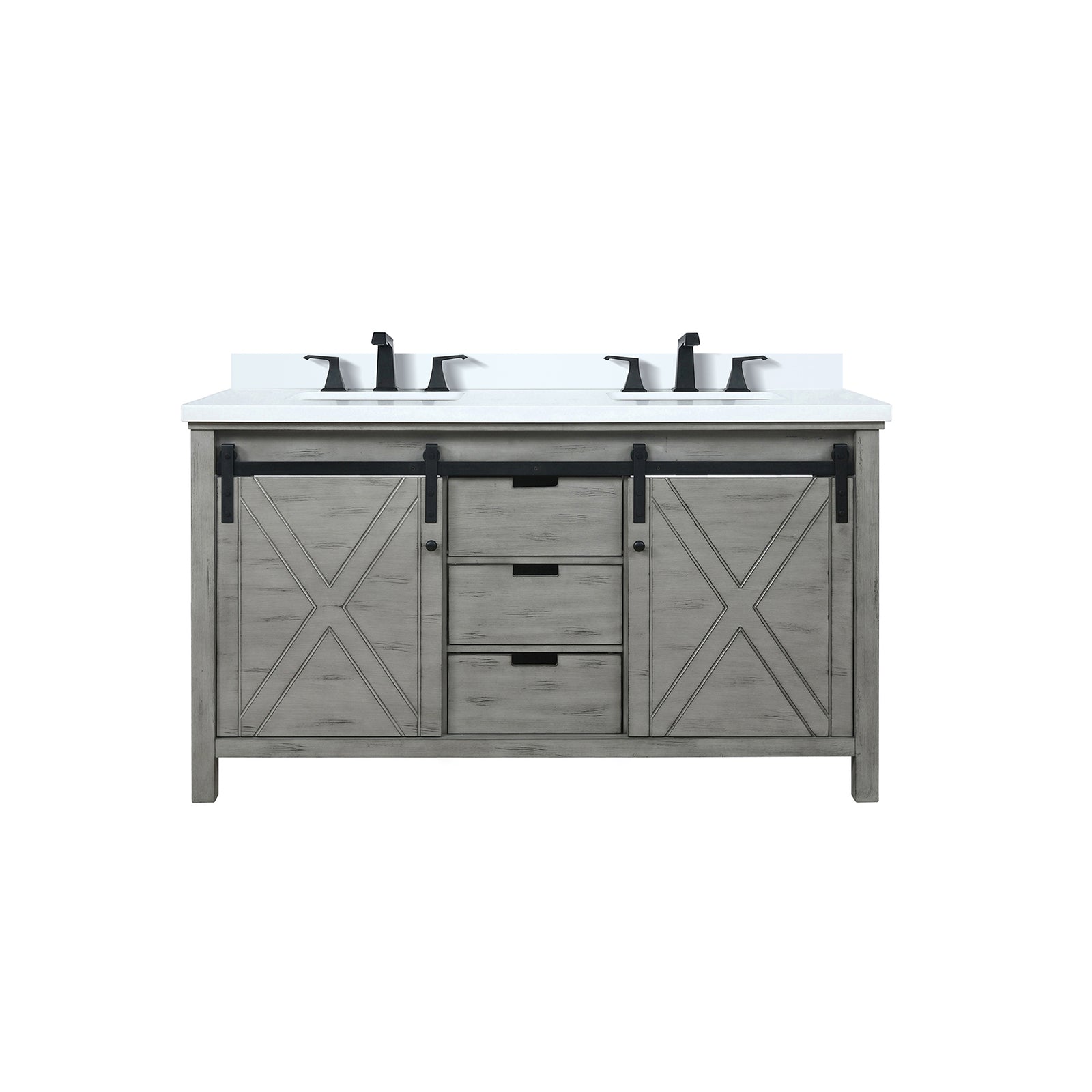 Ash Grey Double Bath Vanity 60 in. W x 22 in. D, White Quartz Countertop and Faucet Set
