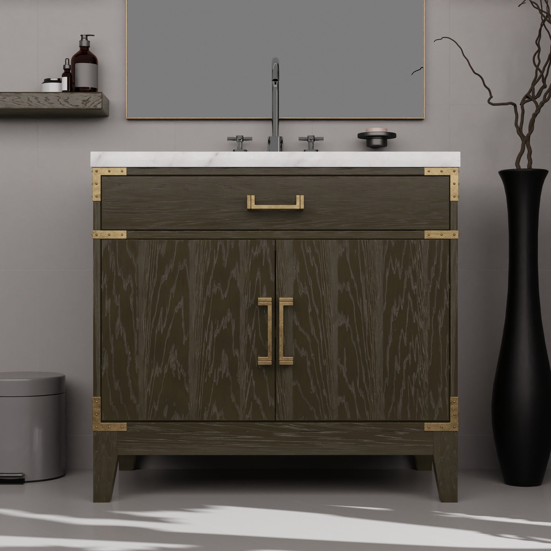 Brown Oak Single Bath Vanity 36 in. W x 22 in. D, with Carrara Marble Top