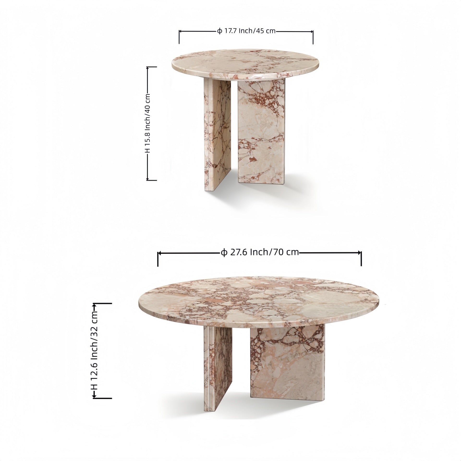 Pink natural marble Nesting Coffee Table Set (2-Piece), Round φ70cm & 45cm , Polished Finish, living room table, natural stone, genuine marble, real marble