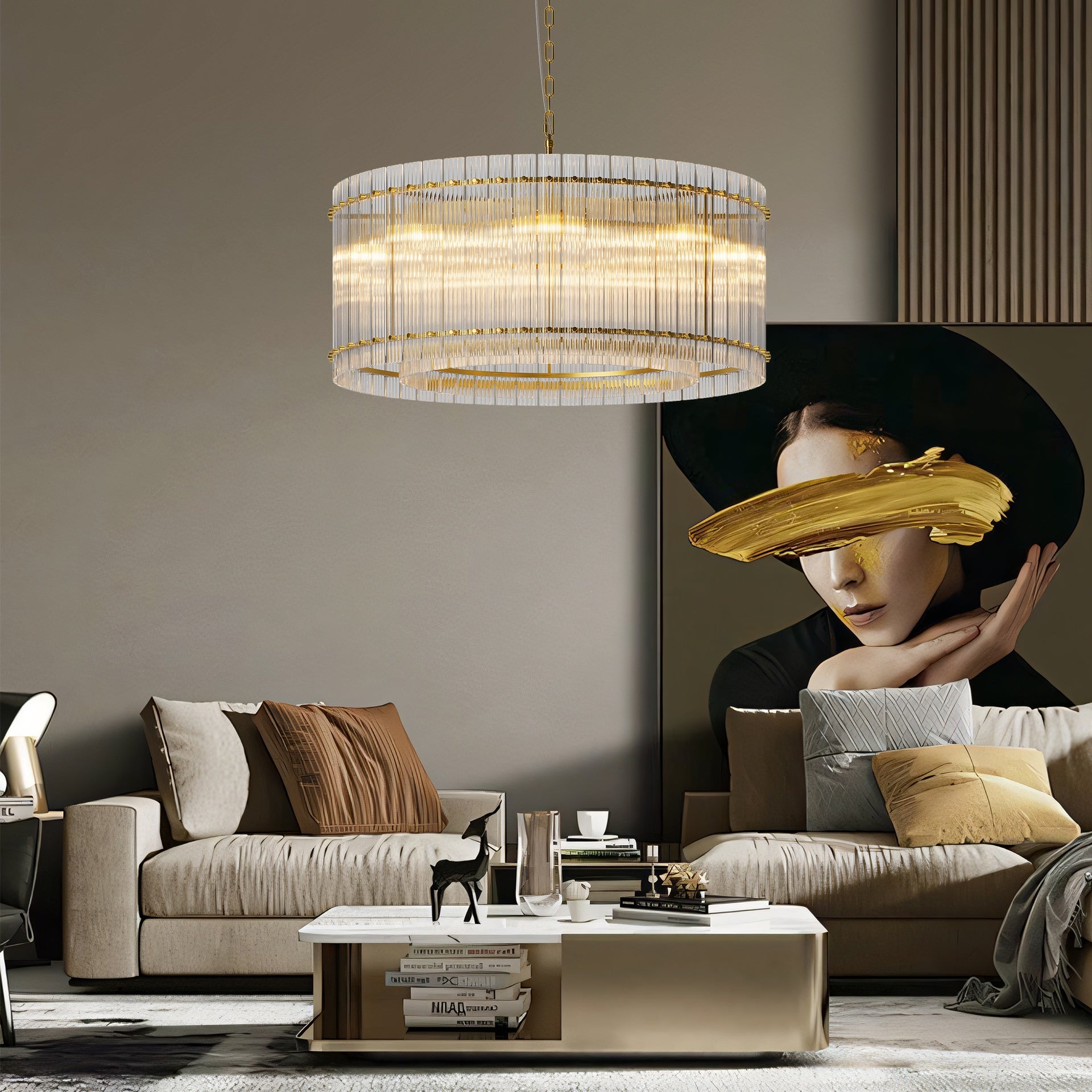 37" Modern Gold Round Chandelier,2-Tier 8-Light Water Ripple Crystal Glass Chandeliers,for Dining Room,Living Room,Bedroom,High Ceiling,Foyer Entryway,Luxury Chandelier
