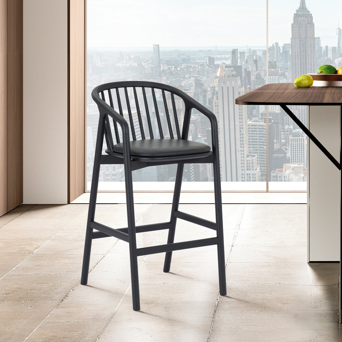Echo Black Oak Wood and Faux Leather Counter Stool