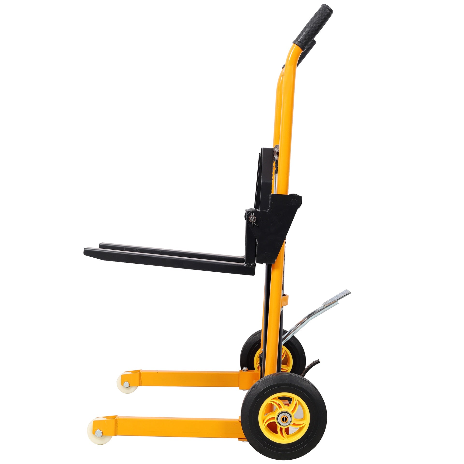 Manual Forklift Pallet Stakcer, Load  Capacity 440 Lbs, Hydraulic Material Lift 35.5" Lift Height with Adjustable Forks and Fixed Legs Pallet Truck Dolly Stacker,4PCS Wheels. Yellow Color