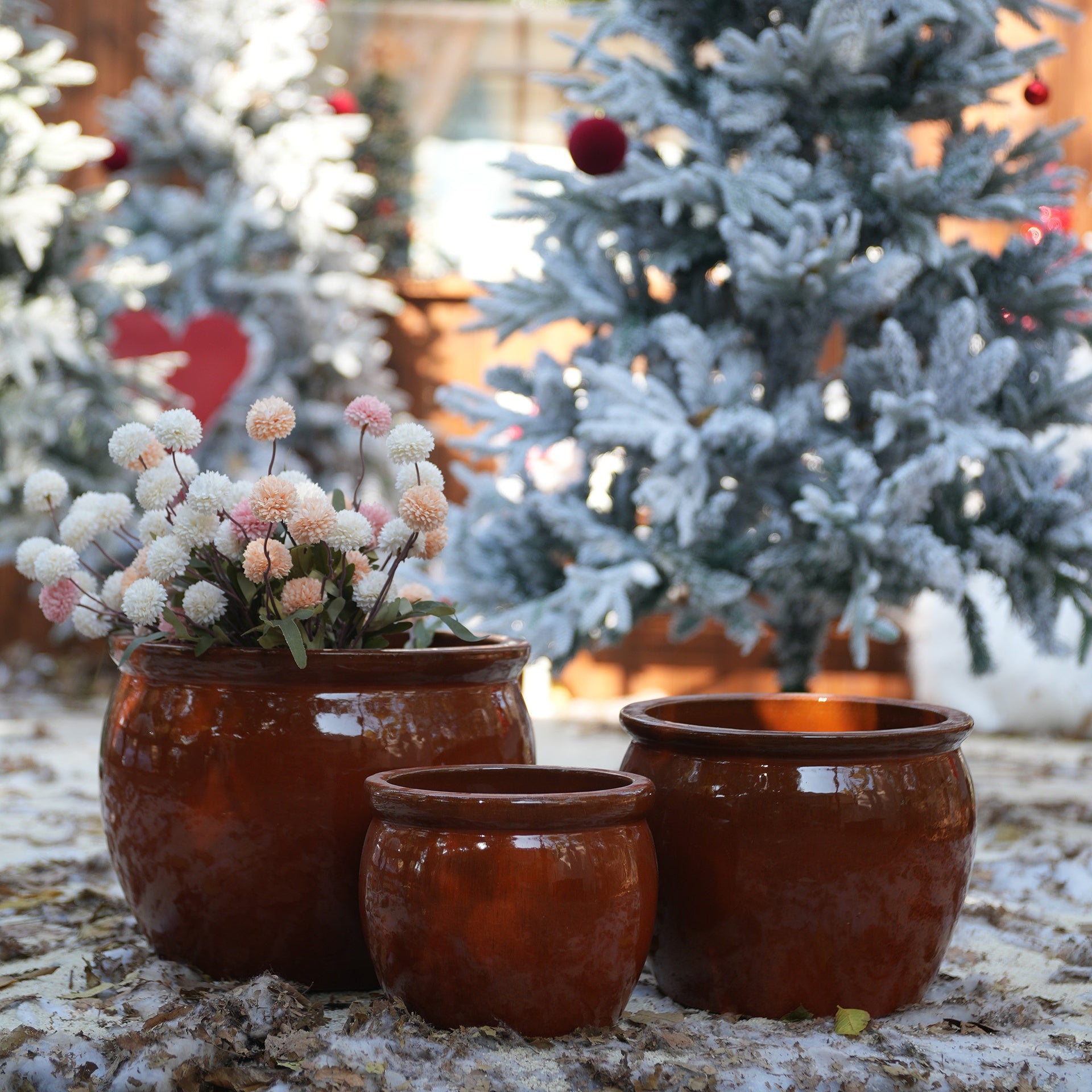 Handmade Rust-Red Ceramic Plant Pots Set of 3, 15/12/9 Inch Diameter,, Indoor & Outdoor Flower Pots for Tables, Couchside, Balcony & Garden, Breathable Clay with Drainage Hole