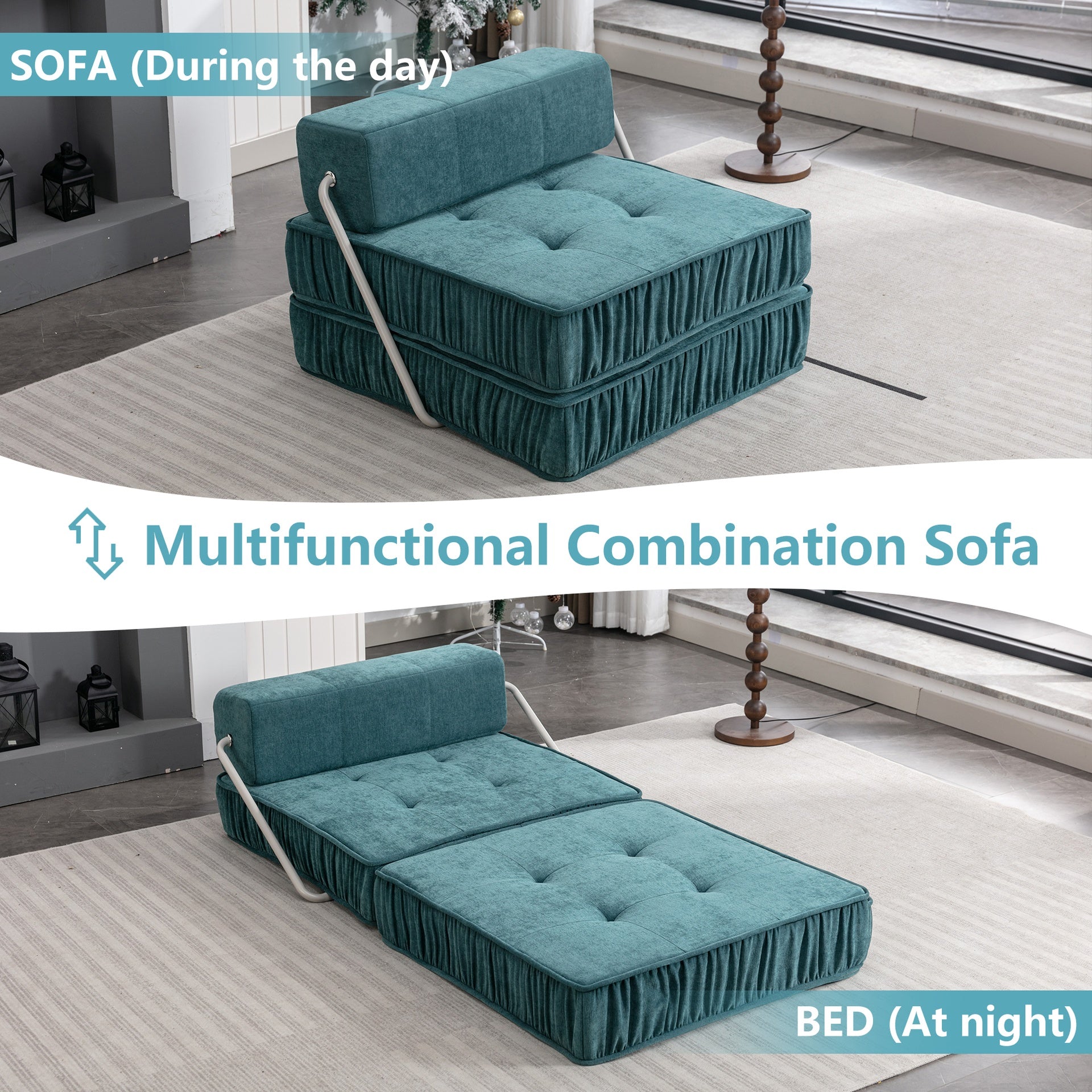 Green Folding Sofa , Futon Sleeper Chair, Convertible Chair Floor Couch & Sleeping Mattress for Living Room, Guest Room, Home Office, Apartment, Small space, Removable Back Cushio
