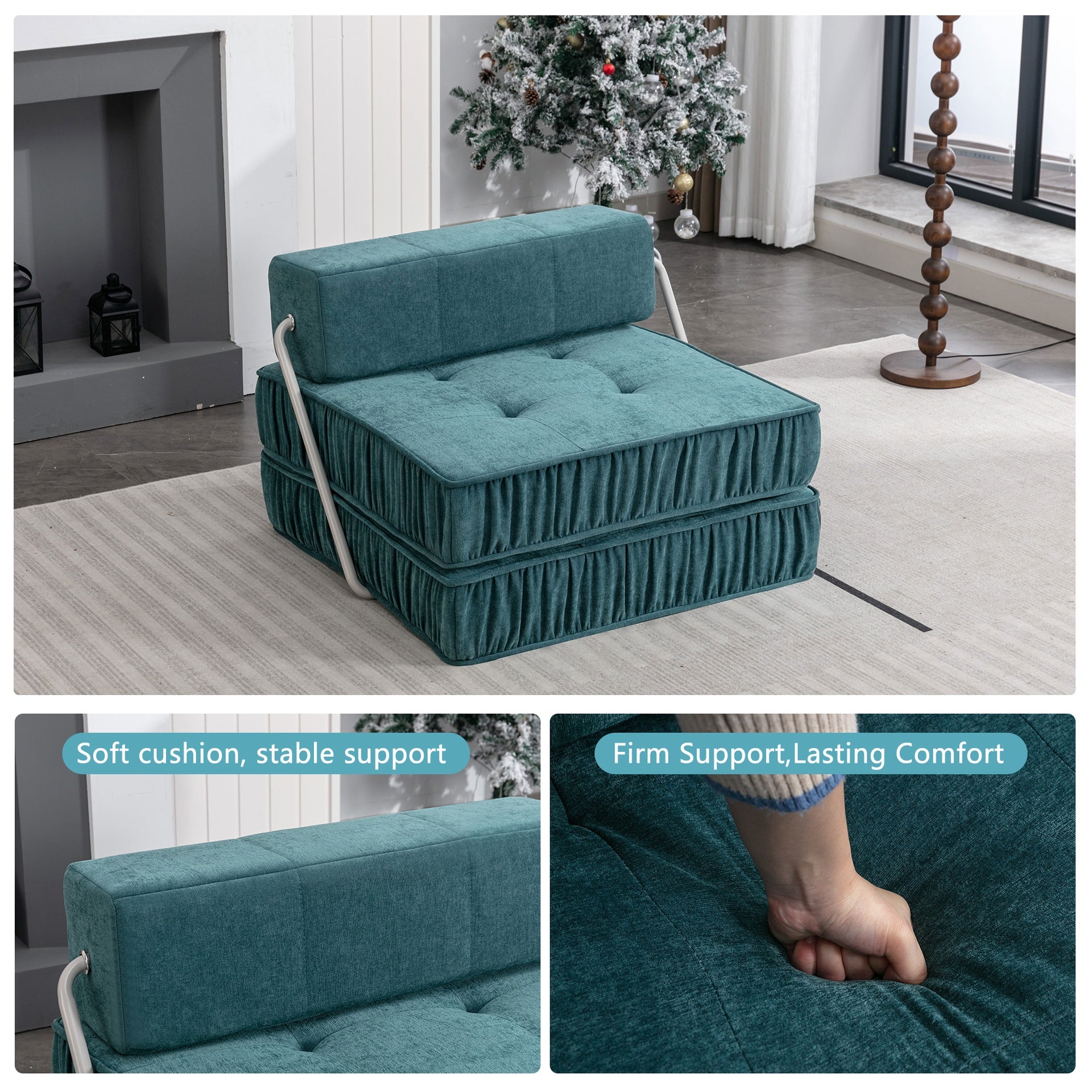 Green Folding Sofa , Futon Sleeper Chair, Convertible Chair Floor Couch & Sleeping Mattress for Living Room, Guest Room, Home Office, Apartment, Small space, Removable Back Cushio