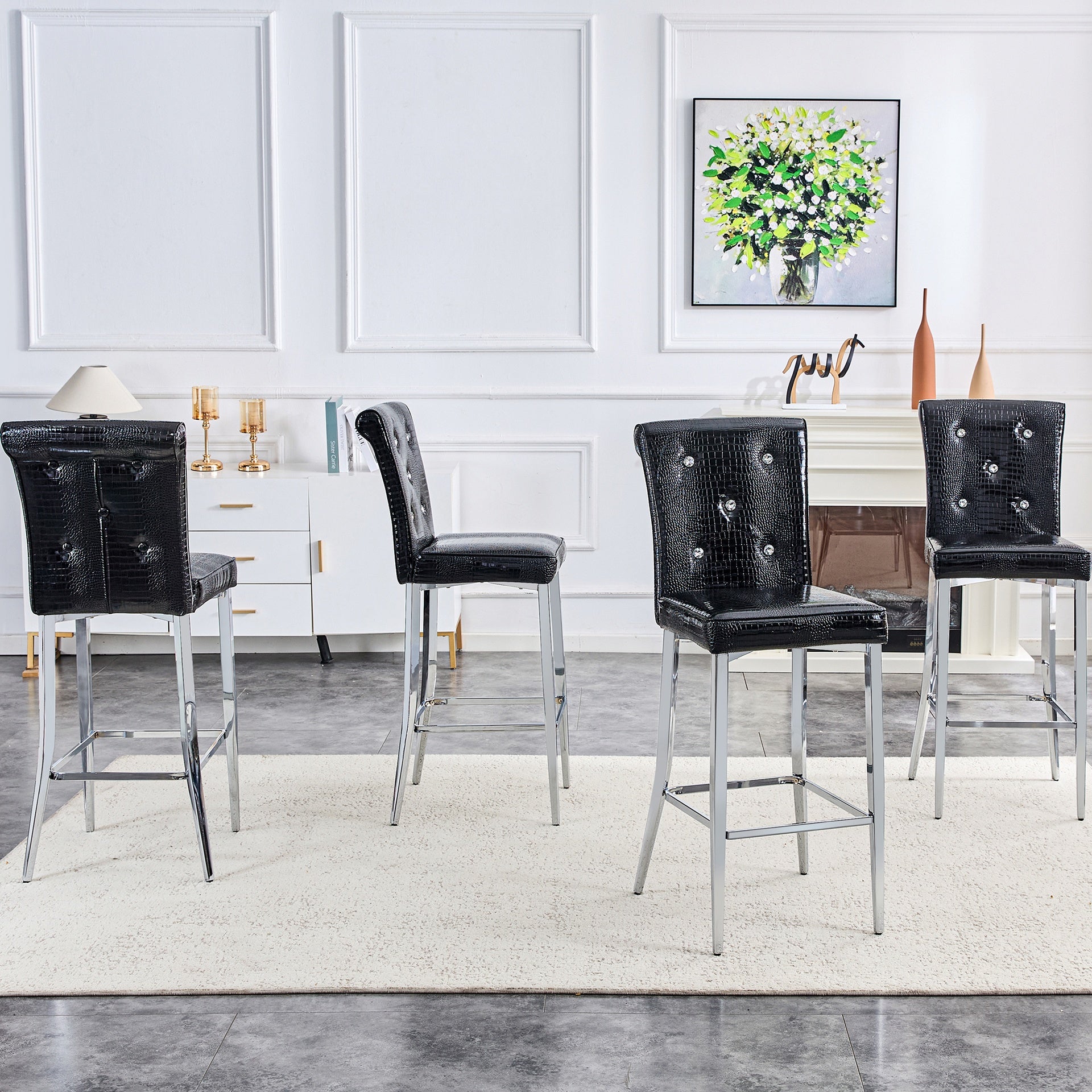 A set of 2 black vintage crocodile leather bar chairs, featuring crystal clasp design and synthetic leather design, adding a touch of elegance and mystery to the dining area