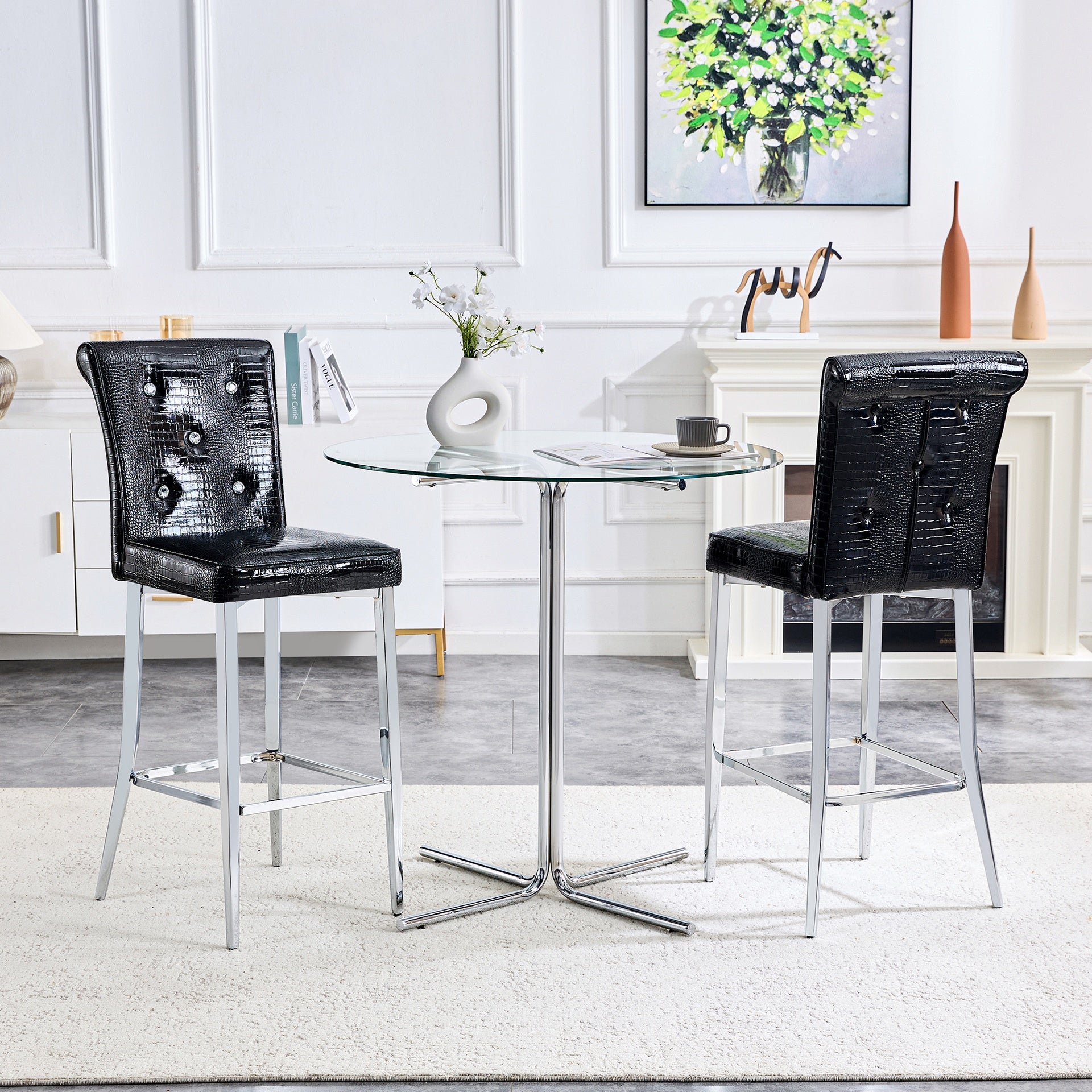 A set of 2 black vintage crocodile leather bar chairs, featuring crystal clasp design and synthetic leather design, adding a touch of elegance and mystery to the dining area