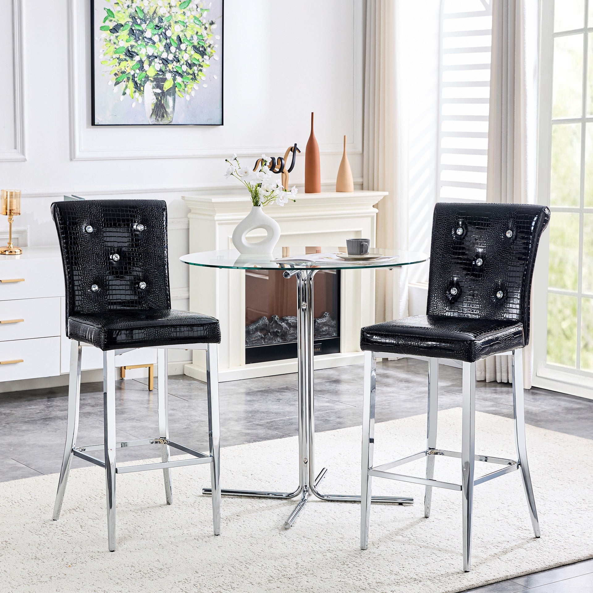 A set of 2 black vintage crocodile leather bar chairs, featuring crystal clasp design and synthetic leather design, adding a touch of elegance and mystery to the dining area