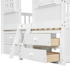 Full Size House Loft Bed with Roof, Windows,4 Storage Drawers,Pine Wooden Bed with Safety Guardrails,Ladder,White