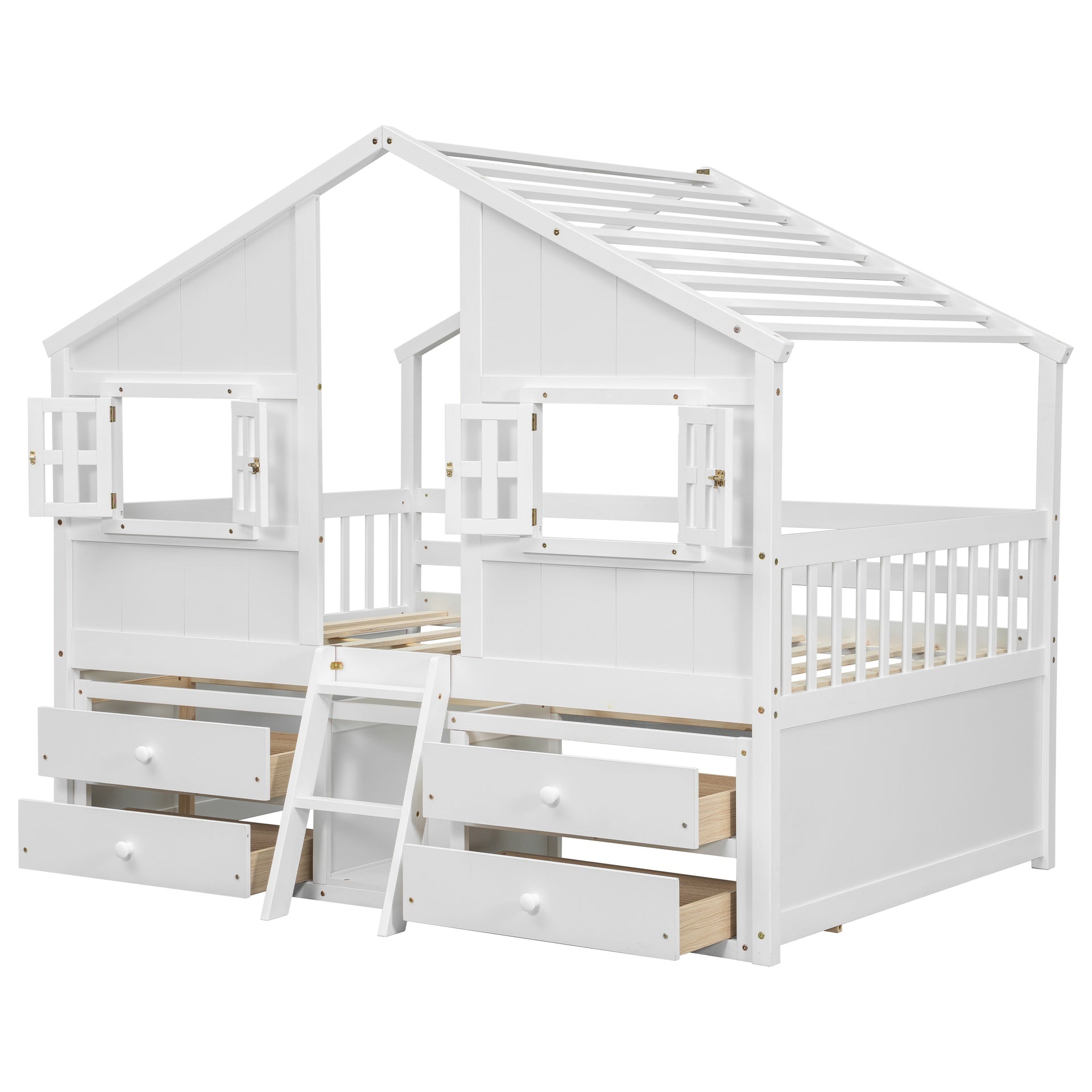 Full Size House Loft Bed with Roof, Windows,4 Storage Drawers,Pine Wooden Bed with Safety Guardrails,Ladder,White