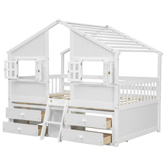 Full Size House Loft Bed with Roof, Windows,4 Storage Drawers,Pine Wooden Bed with Safety Guardrails,Ladder,White
