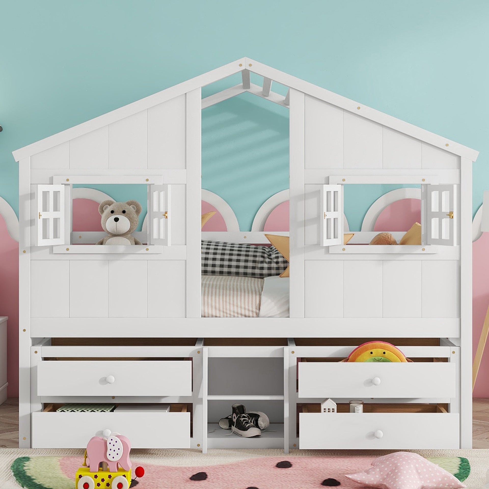 Full Size House Loft Bed with Roof, Windows,4 Storage Drawers,Pine Wooden Bed with Safety Guardrails,Ladder,White