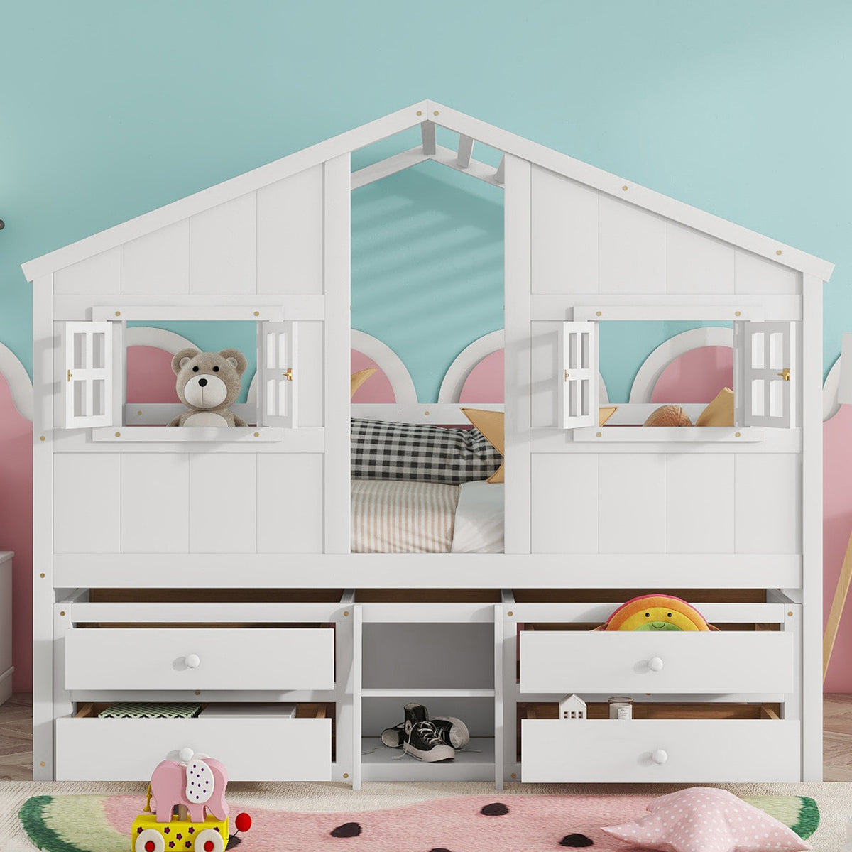 Full Size House Loft Bed with Roof, Windows,4 Storage Drawers,Pine Wooden Bed with Safety Guardrails,Ladder,White