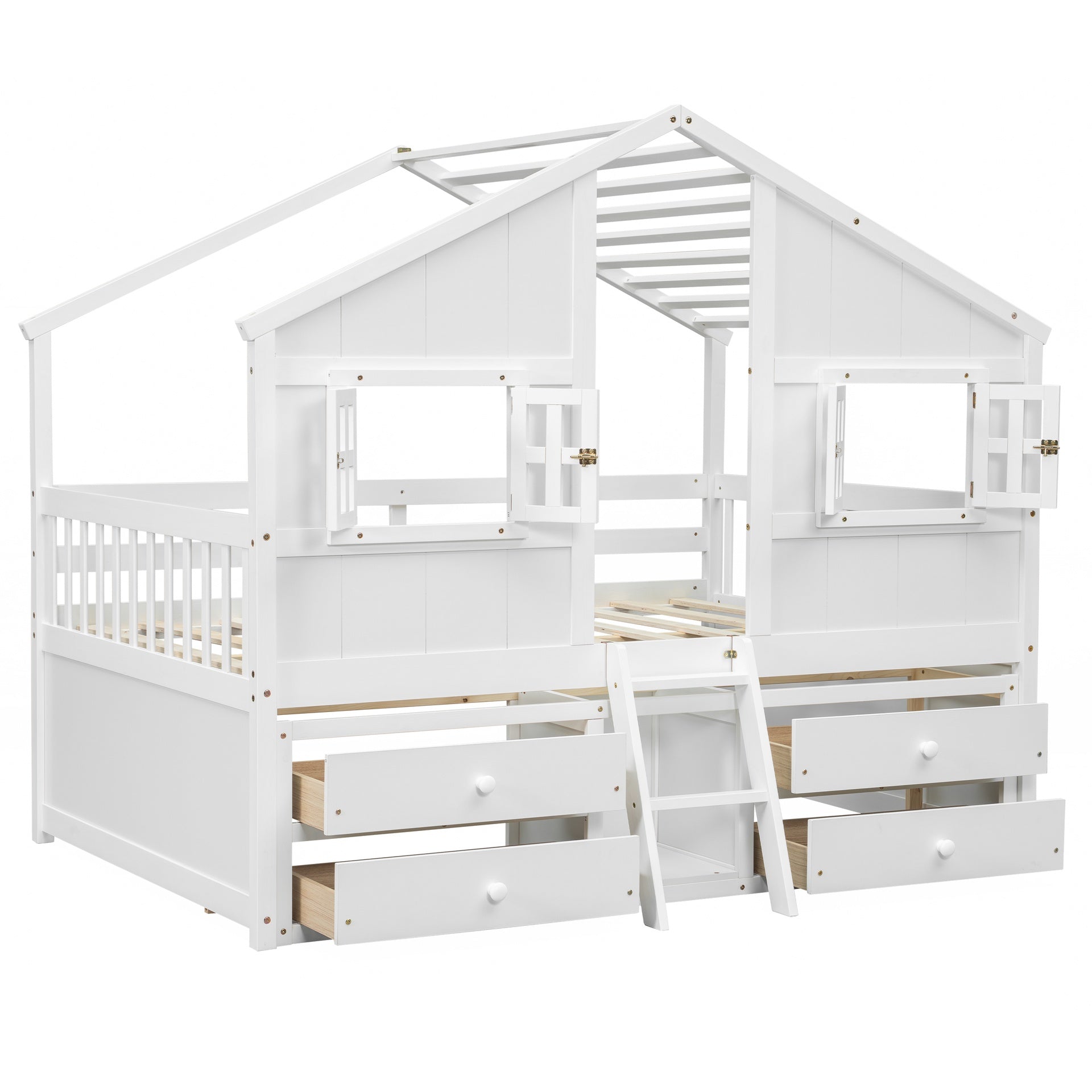 Full Size House Loft Bed with Roof, Windows,4 Storage Drawers,Pine Wooden Bed with Safety Guardrails,Ladder,White