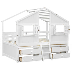 Full Size House Loft Bed with Roof, Windows,4 Storage Drawers,Pine Wooden Bed with Safety Guardrails,Ladder,White
