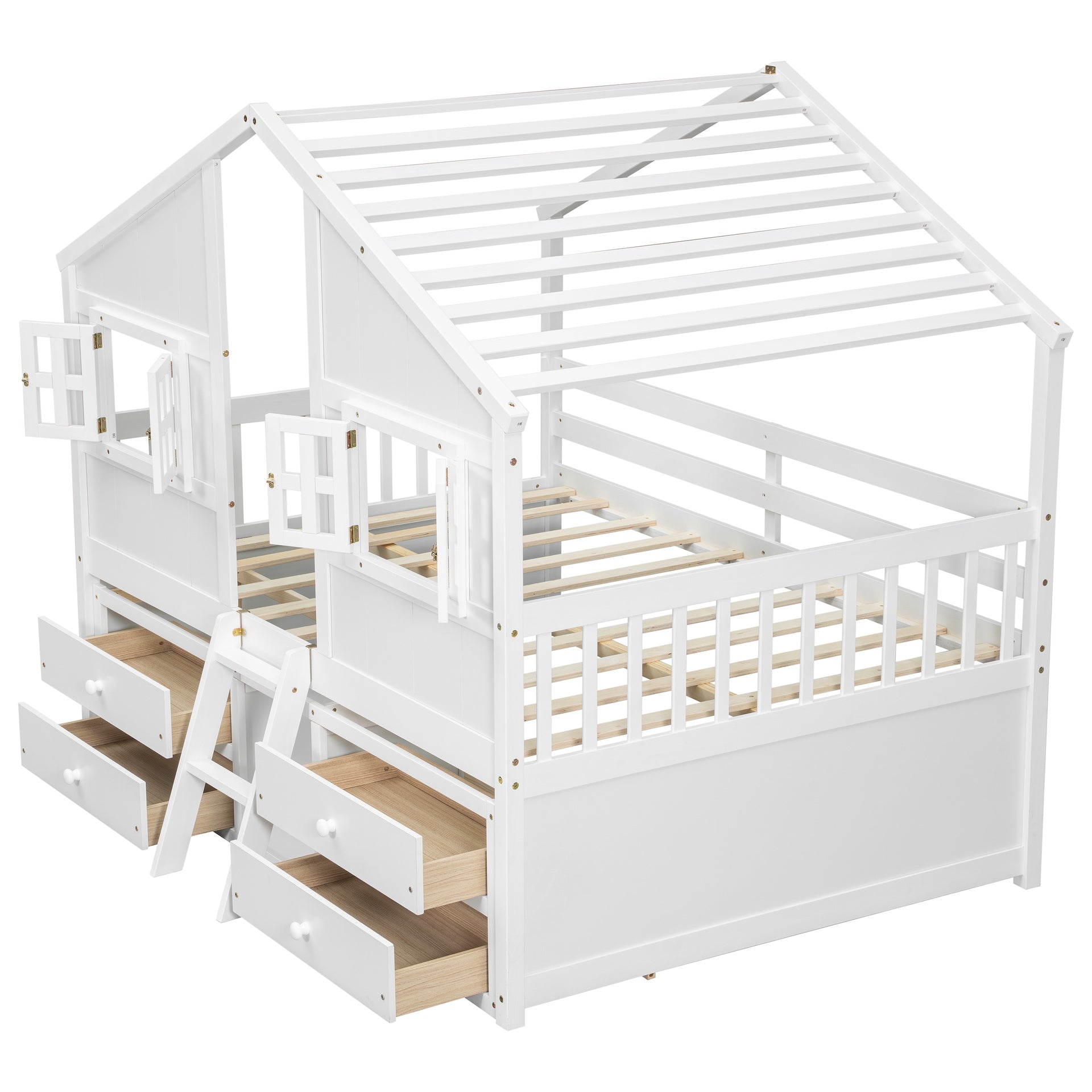 Full Size House Loft Bed with Roof, Windows,4 Storage Drawers,Pine Wooden Bed with Safety Guardrails,Ladder,White