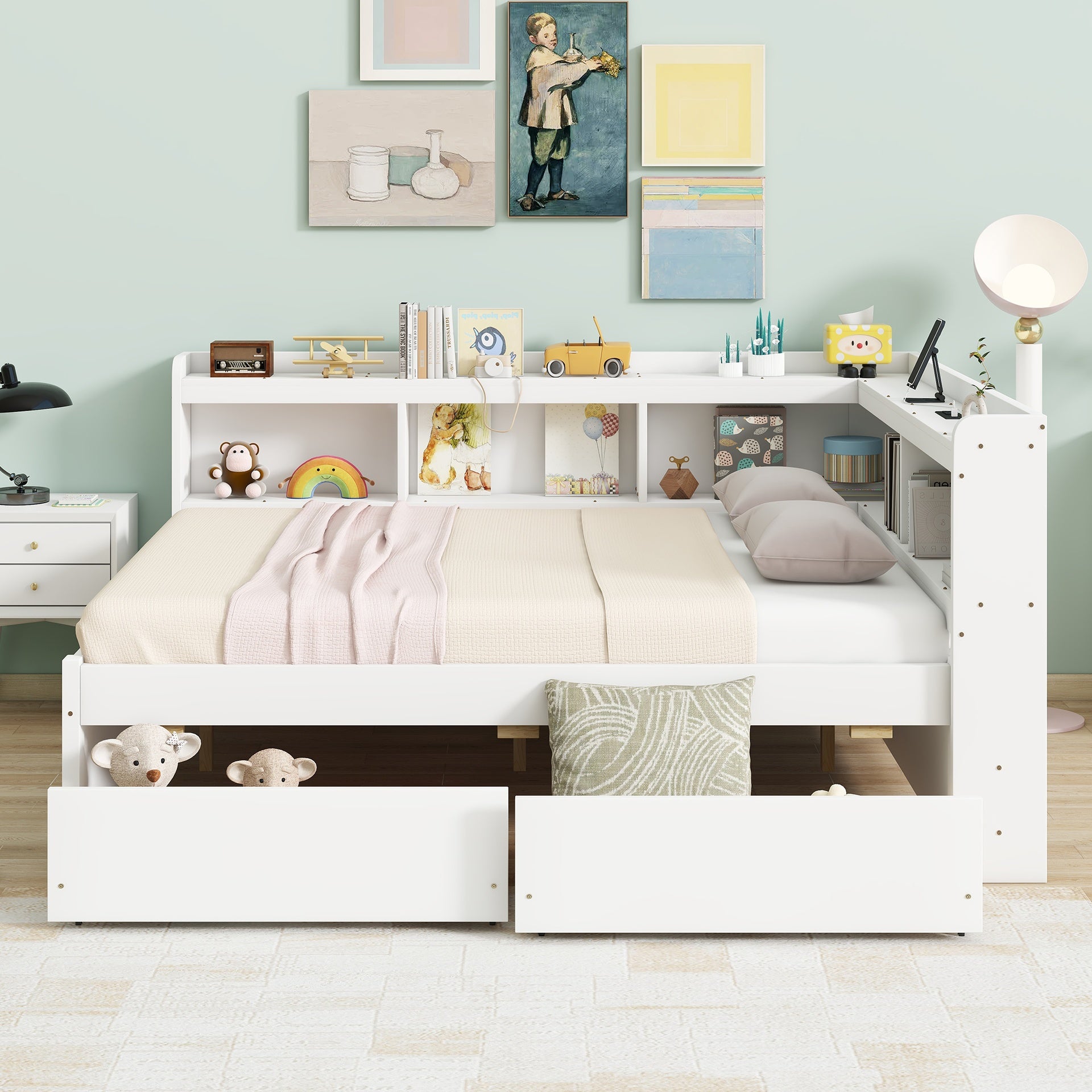 Full Size L-shaped Bookcases Bed with Power Outlets, USB Charging Ports,Two Drawers,Whtie