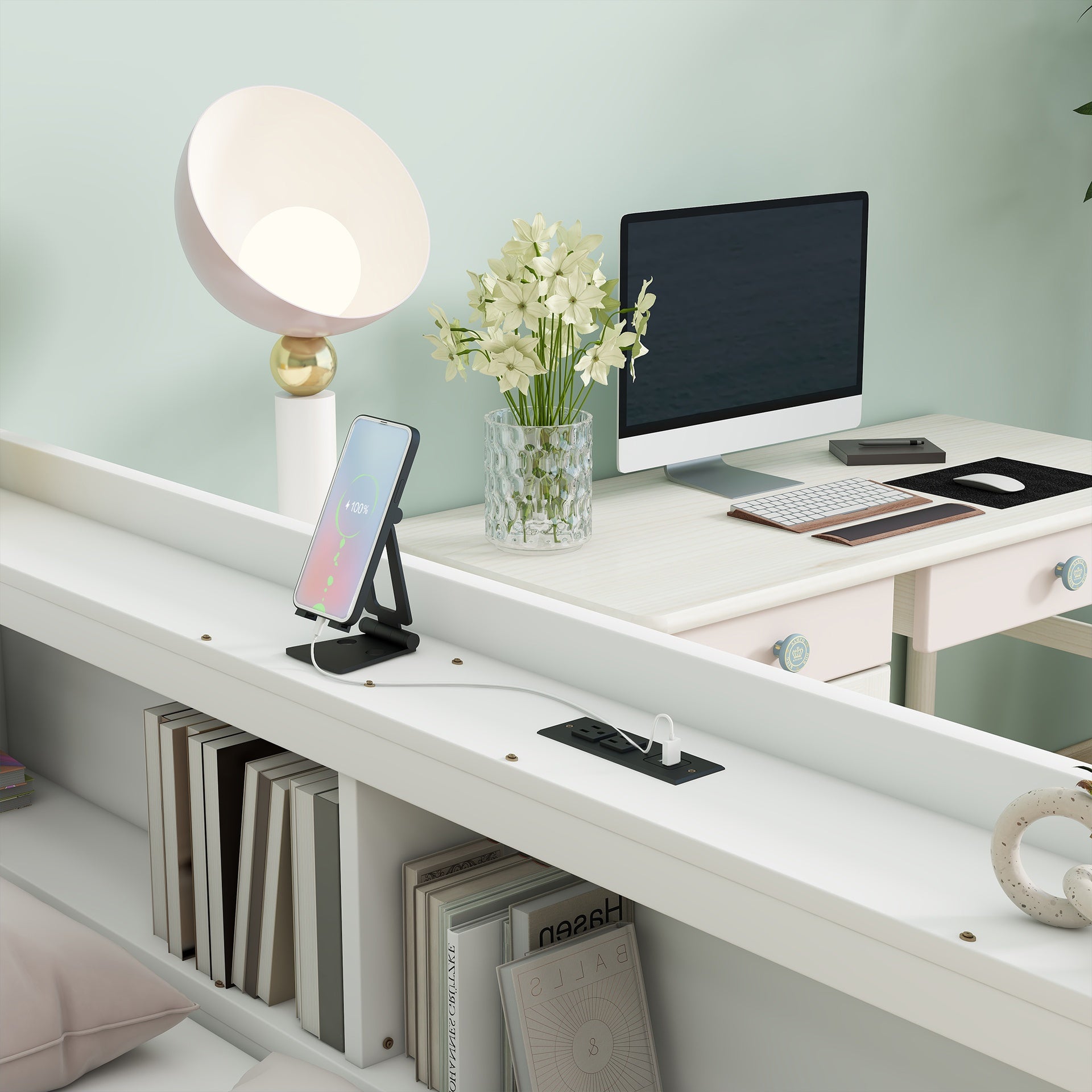Full Size L-shaped Bookcases Bed with Power Outlets, USB Charging Ports,Two Drawers,Whtie