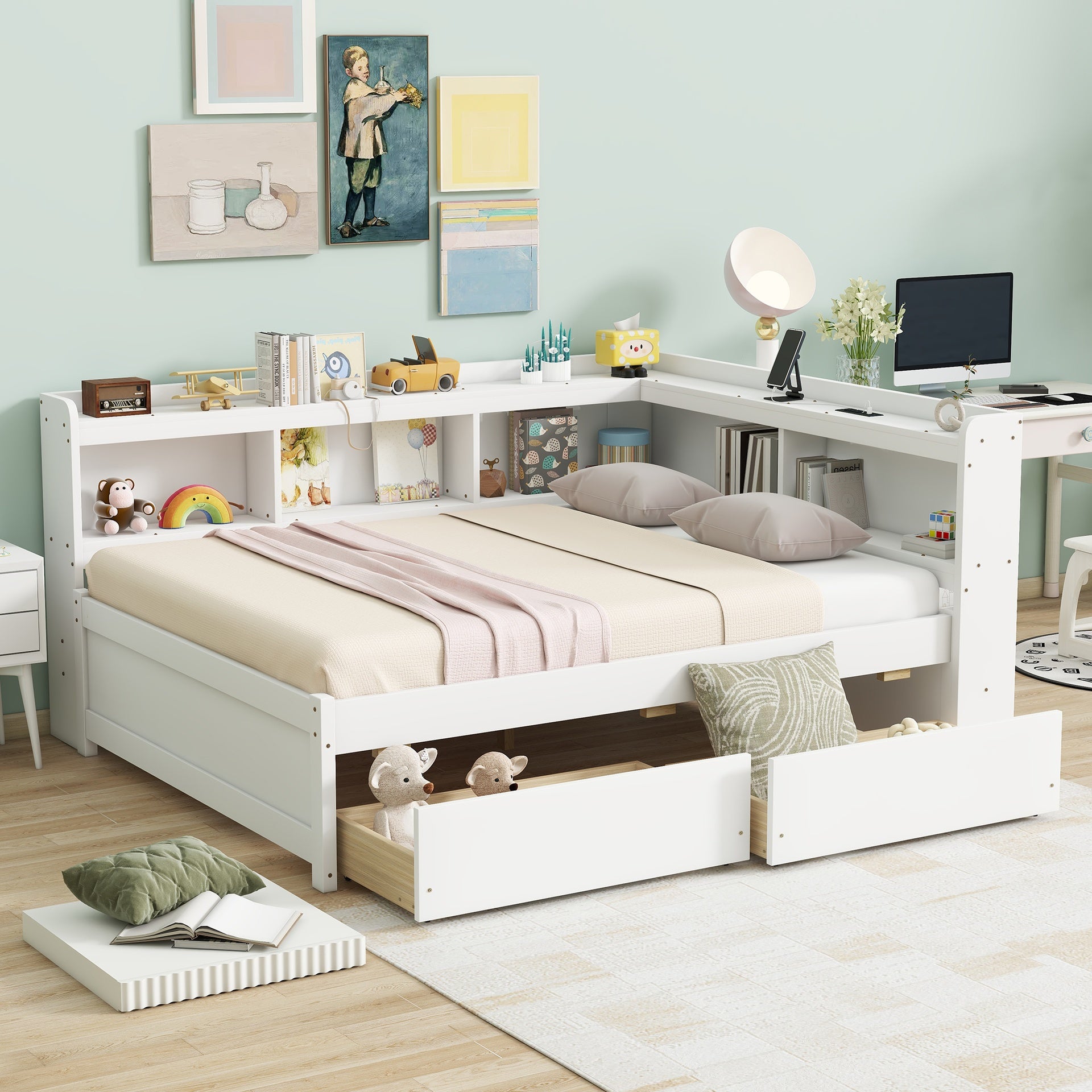 Full Size L-shaped Bookcases Bed with Power Outlets, USB Charging Ports,Two Drawers,Whtie
